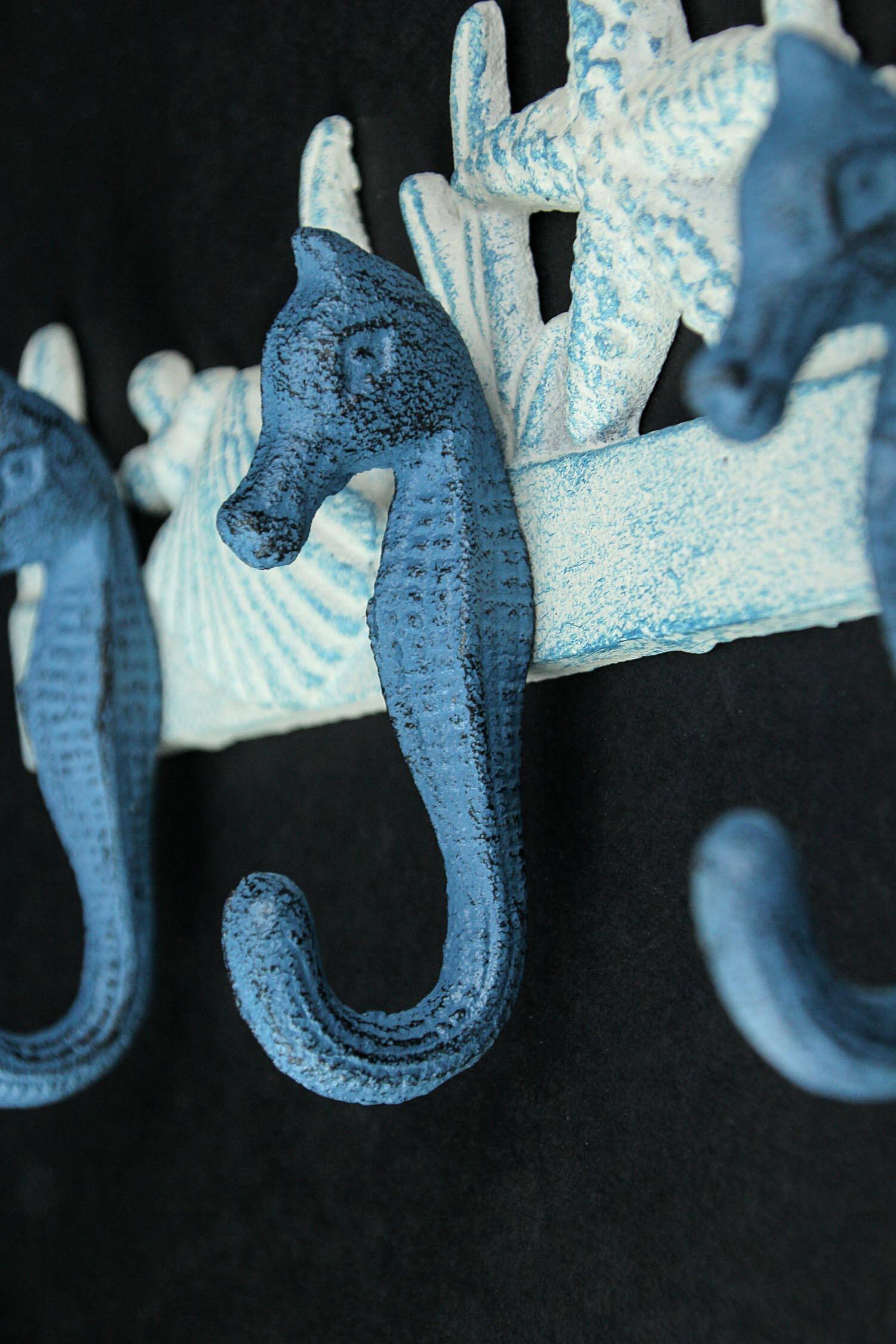 Alt View 3. Zeckos - Blue/White Cast Iron Seahorses Decorative Wall Hook Hanging Towel or Coat Rack - Blue.