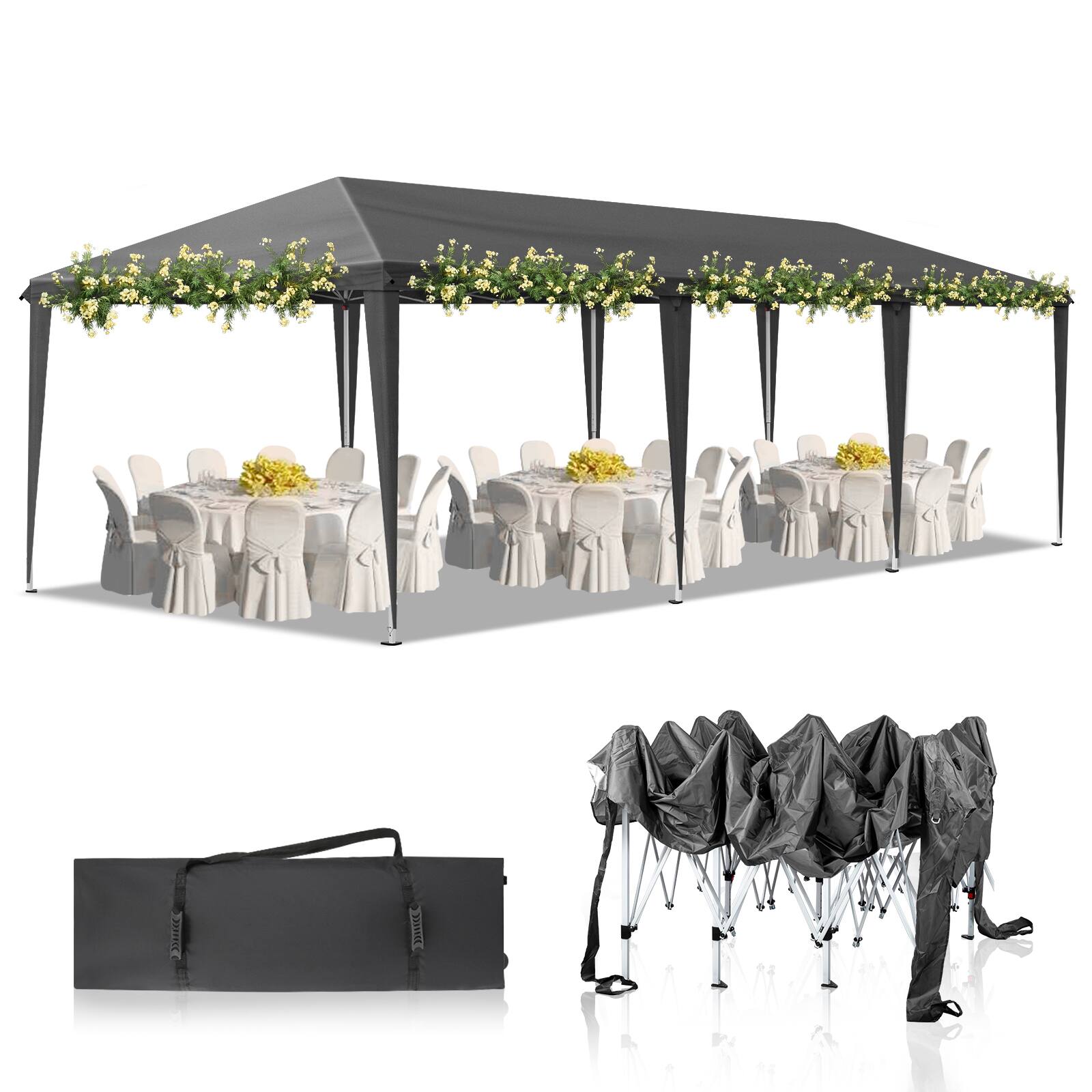 Back. Winado - 10x30ft Ez Pop Up Outdoor Canopy Tent, Portable Commercial Instant Tent with Carry Bag for Party Wedding Birthday.