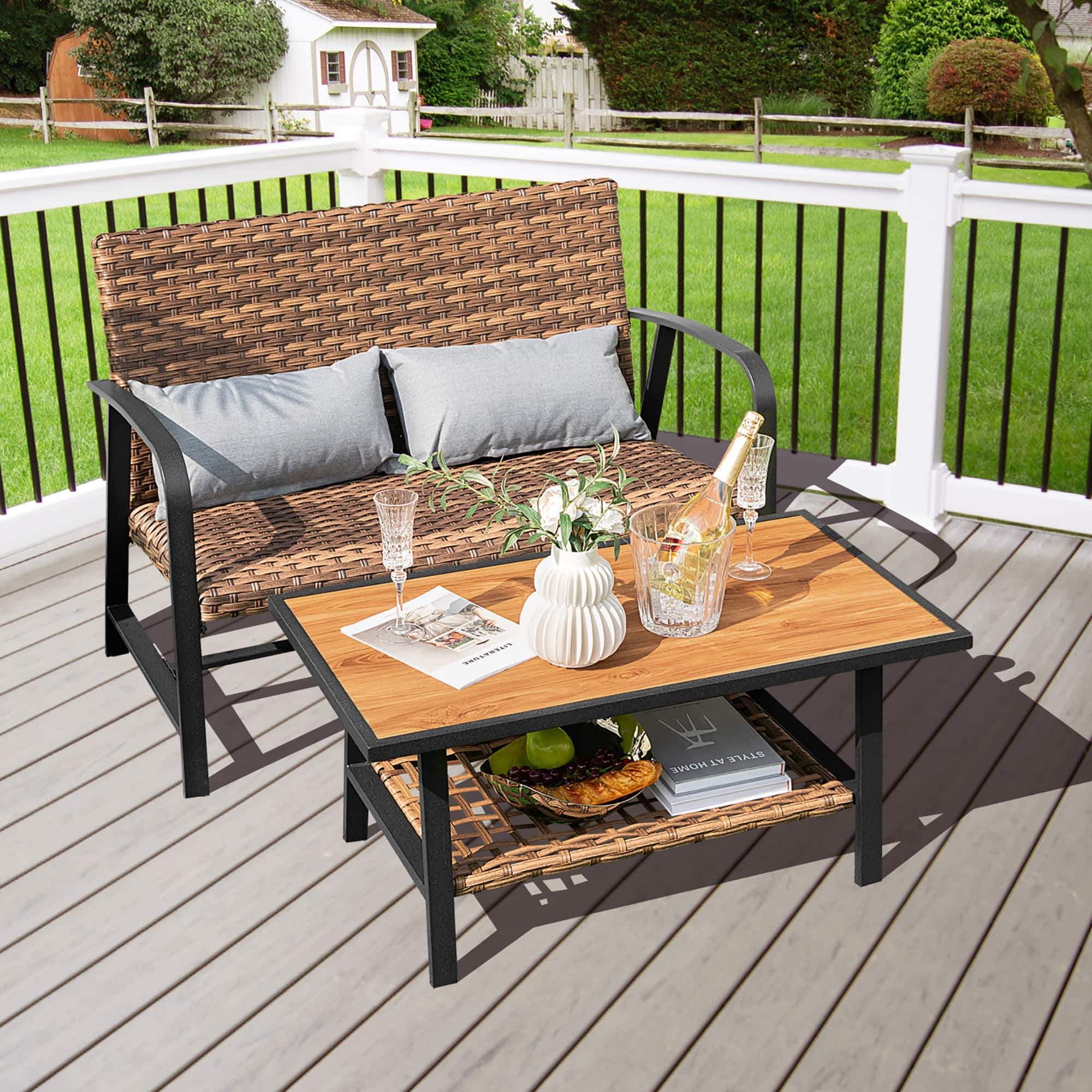 Costway - 2 PCS Patio Rattan Loveseat Coffee Table Set Padded Back & Seat Pillow Quick Dry - Mix Brown