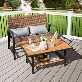 Costway - 2 PCS Patio Rattan Loveseat Coffee Table Set Padded Back & Seat Pillow Quick Dry - Mix Brown