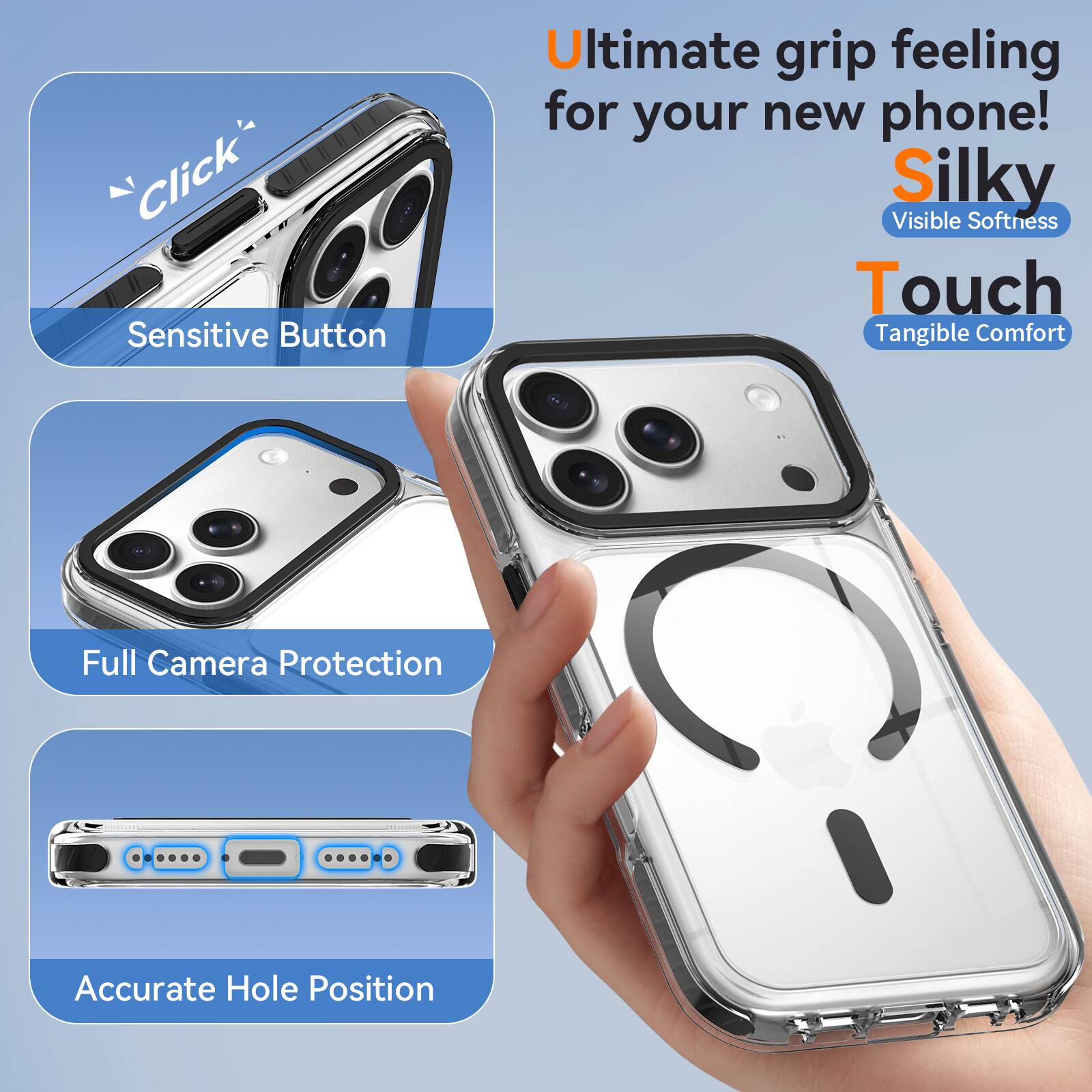 Click Sensitive Button

Ultimate grip feeling for your new phone! Silky Visible Softness Touch Tangible Comfort

Full Camera Protection

Accurate Hole Position