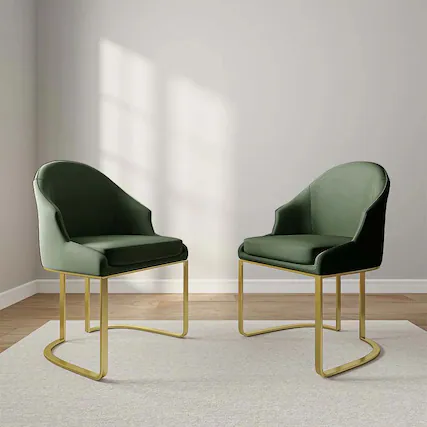 Front. POVISON - Modern Luxury Upholstered Green Dining Chairs Set of 2, Boucle Dining Chairs, Low Back Dining Chairs with Gold Legs - Green PU Leather.