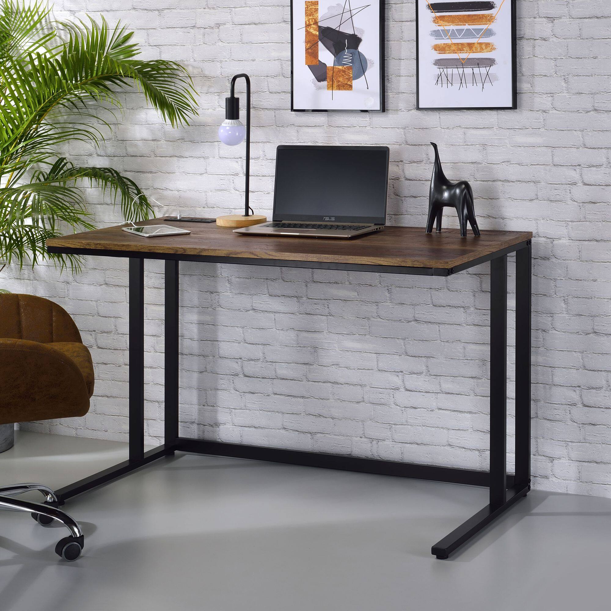 GOODSILO - Modern Walnut and Black Writing Desk with Built-in USB Charging Port for Home Office - Black+Walnut