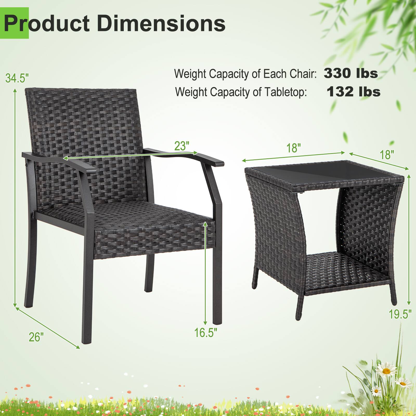 Product Dimensions: 34.5"
Weight Capacity of Each Chair: 330 lbs
Weight Capacity of Tabletop: 132 lbs
Dimensions: 23" x 18" x 18" x 26" x 16.5" x 19.5"