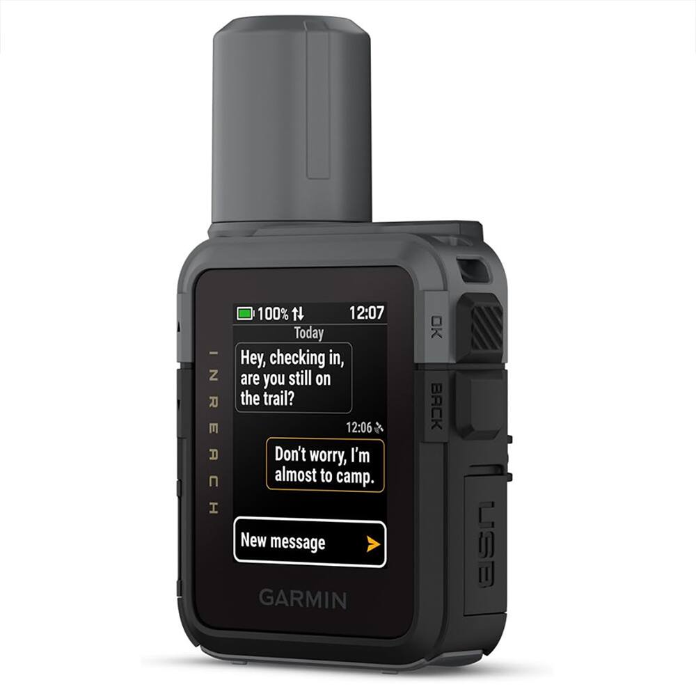 - Z E INREACH A 100% N 12:07 Today Hey, checking in, are you still on the trail? 12:06 Don't worry, I'm almost to camp. New message GARMIN BACK USE
