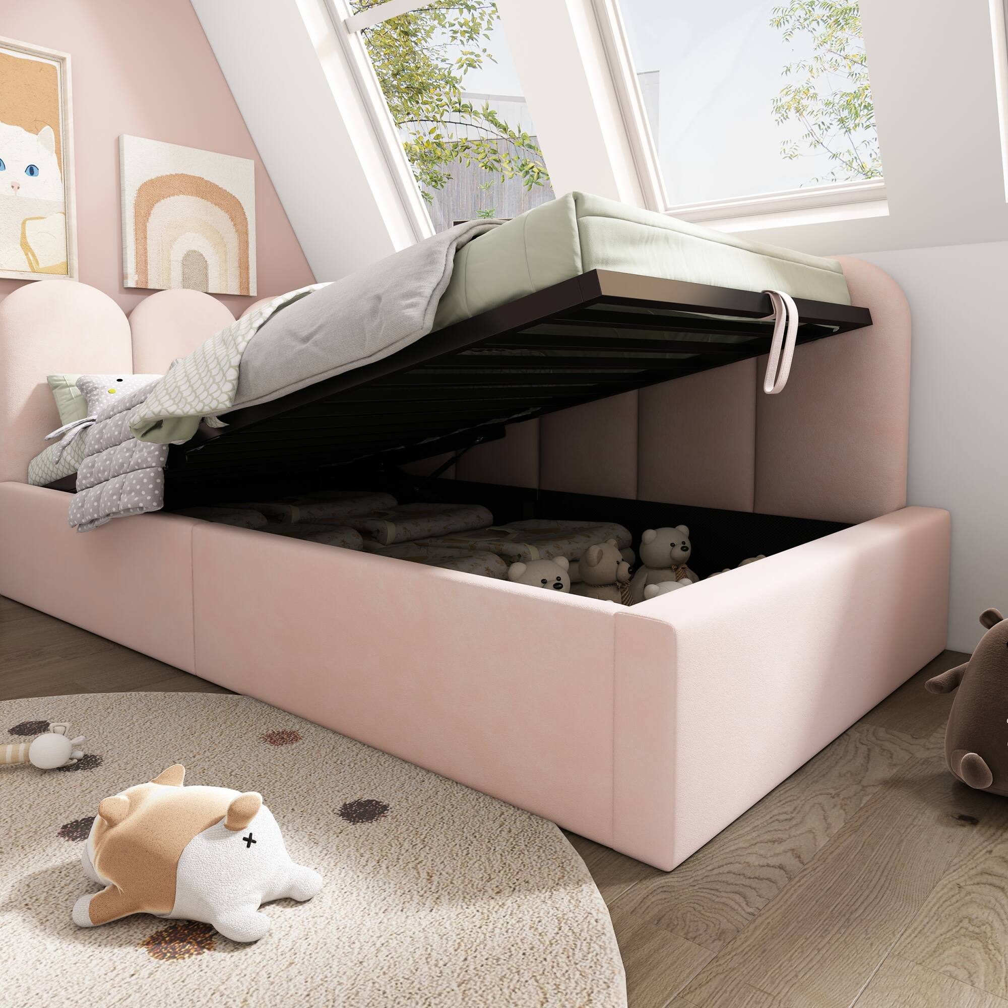 Alt View 8. GOODSILO - Upholstered Daybed with Hydraulic Storage, Twin Size Sofa Bed Frame with Metal Slats and Velvet Covering - Pink.