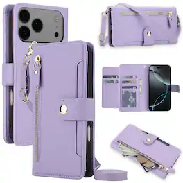 Dteck - Crossbody Zipper Wallet Case for Apple iPhone 17 Pro,Faux Leather Magnetic Closure Flip Credit Card Holder Cover+Lanyard - Purple
