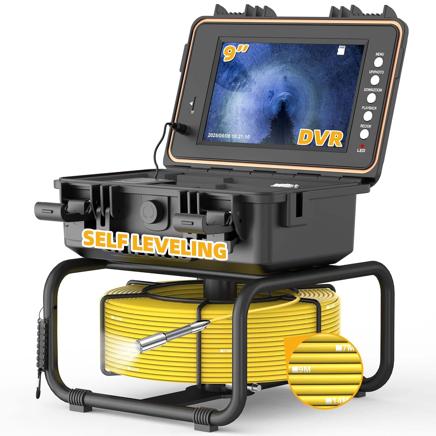 Aukfa - Sewer Camera - 9" HD Borescope with Self-Leveling, IP68, 165Ft 5MM Cable, DVR, 5X Zoom, 32GB