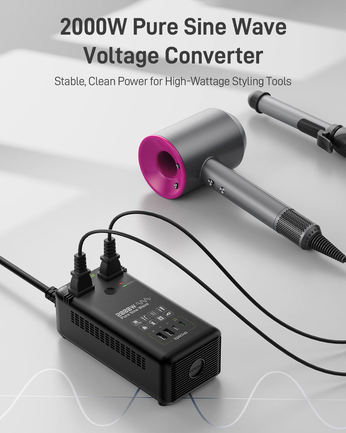 2000W Pure Sine Wave Voltage Converter  
Stable, Clean Power for High-Wattage Styling Tools