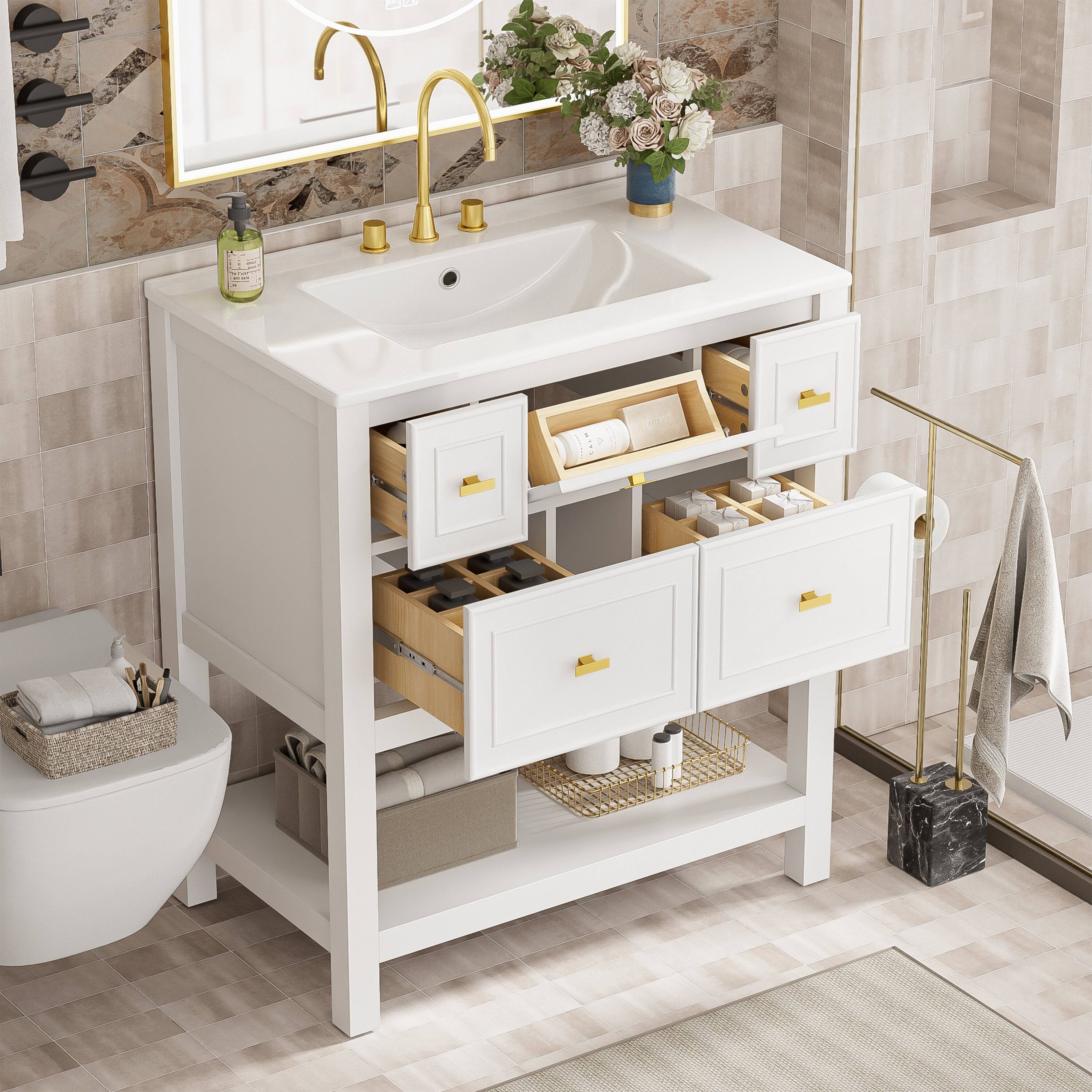 Alt View 5. Boyel Living - 30 Inch Modern Bathroom Vanity with Ceramic Sink and Five Drawers White - White.