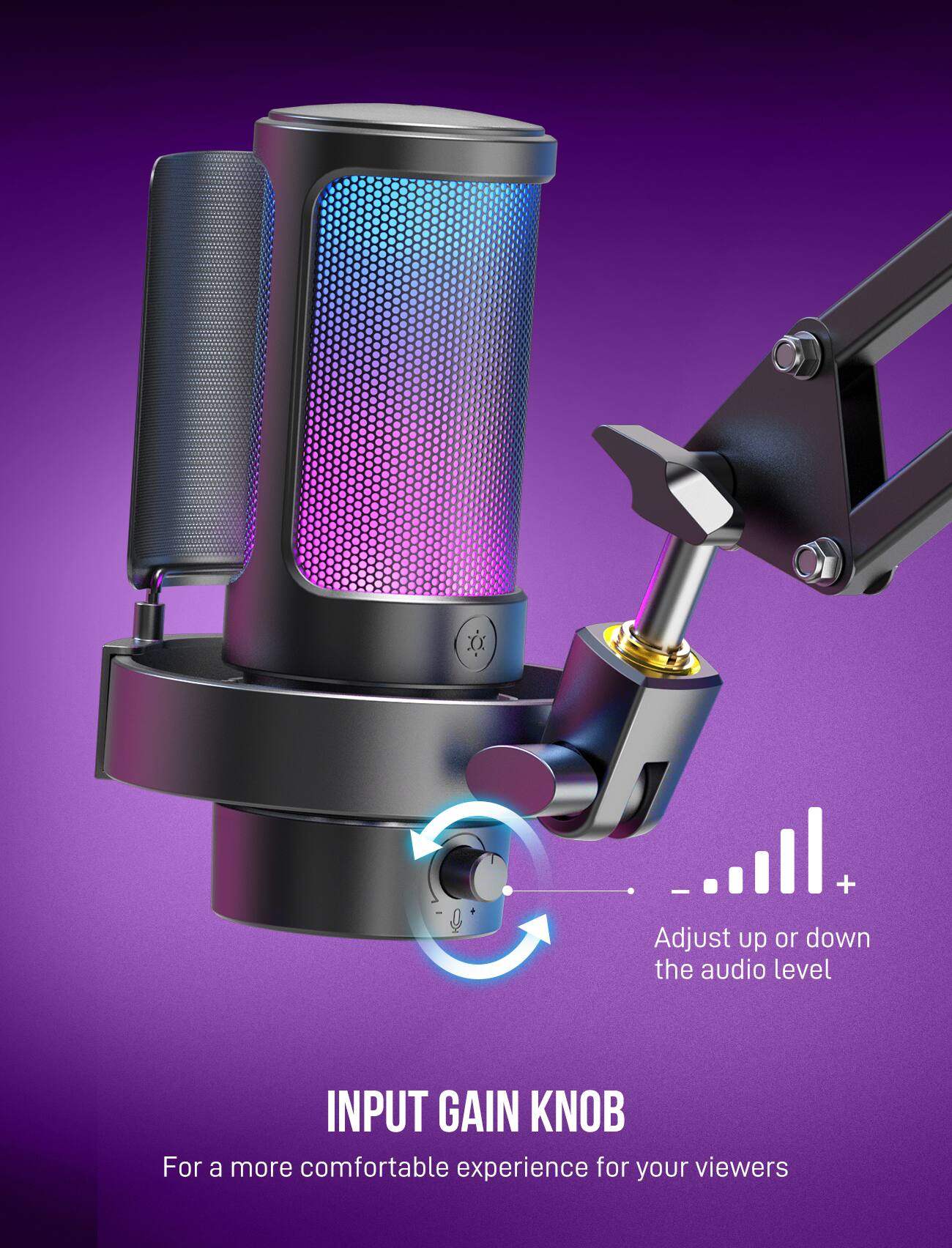 "Input Gain Knob: For a more comfortable experience for your viewers, adjust up or down the audio level."