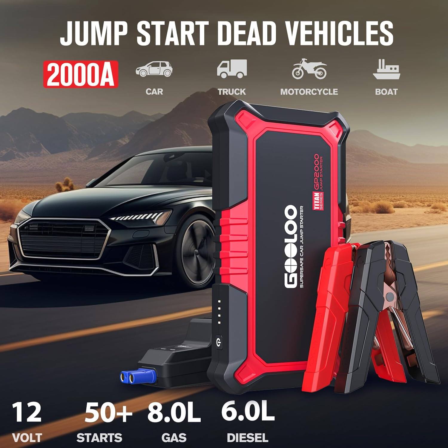 JUMP START DEAD VEHICLES  
2000A  
CAR TRUCK MOTORCYCLE BOAT  

12 VOLT  
50+ STARTS  
8.0L GAS  
6.0L DIESEL  

GOLOO  
SUPER SAFE GP2000  
TITAN SETHES
