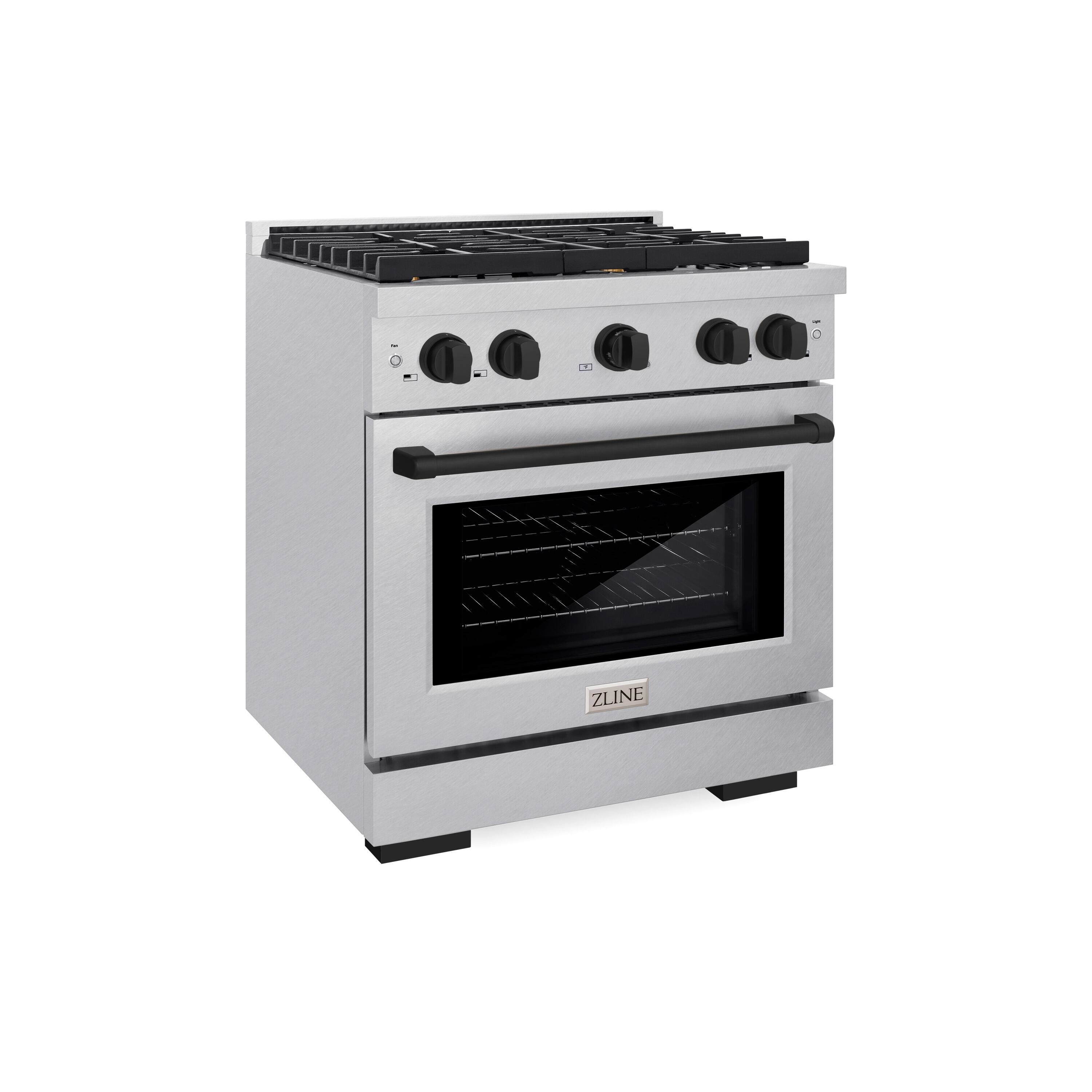 Left. ZLINE - ZLINE Autograph 30 in. Paramount Satin Steel Gas Range w/ 4 Burners & Black Accents (SGRSZ-30-MB) - Stainless Steel.
