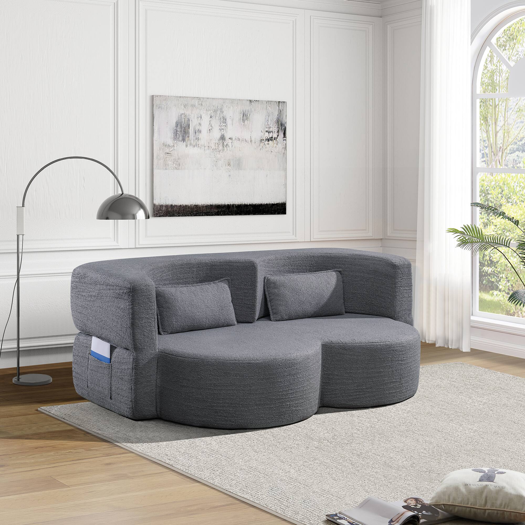 Alt View 1. GOODSILO - Convertible Teddy Fabric Folding Sofa Bed - Multi-Functional Floor Sleeper Futon for Compact Living Spaces - Dark Grey.