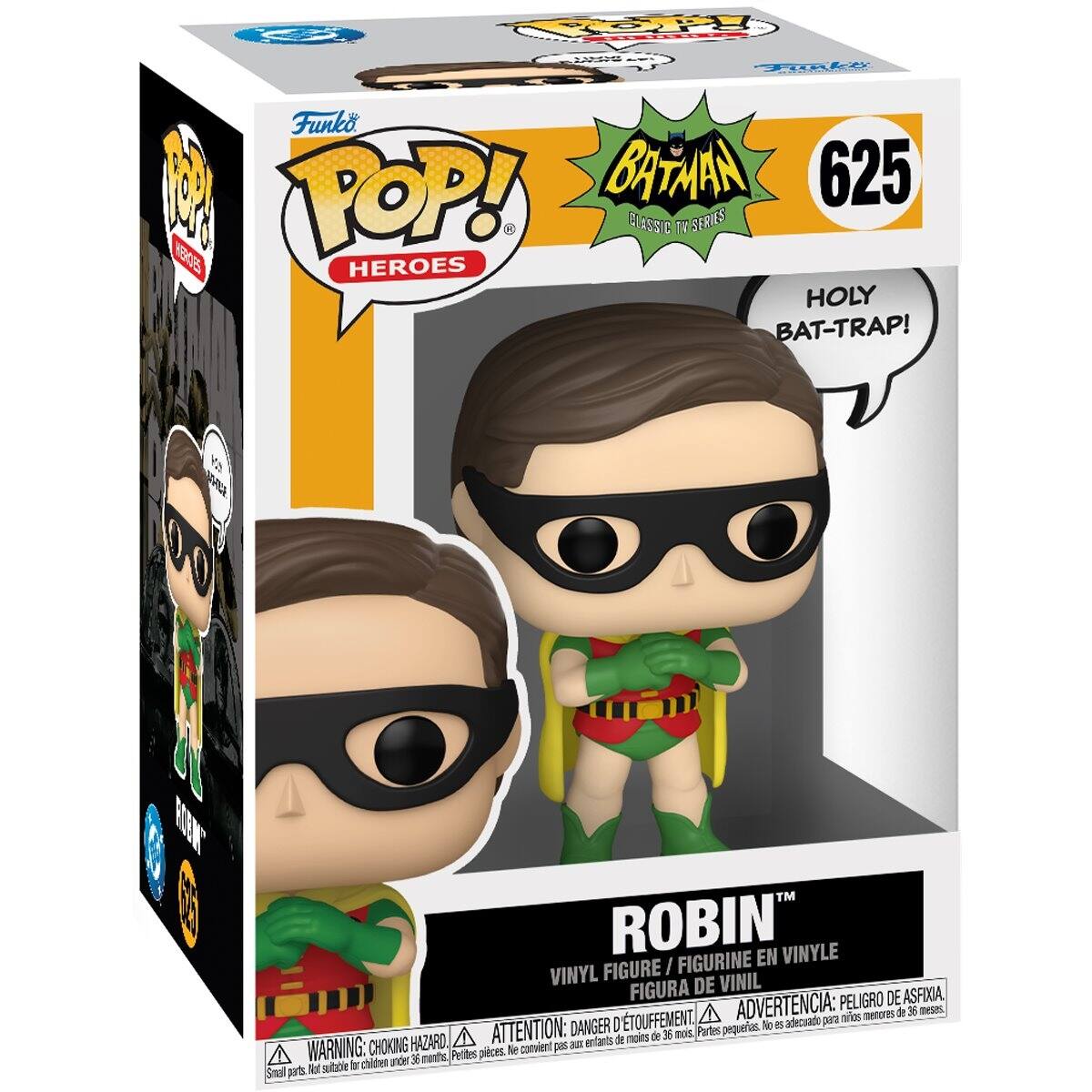 ir 15 RER T Funko. 1 POP! BATMAN 625 PLASTIC TV SERIES 0S HEROES HOLY BAT-TRAP! va I 100 FDN ROBIN VINYL FIGURINE EN VINYL FIGURE FIGURA DE VINIL PELIGRO DE ASFIXIA D'ETOUFFEMENT ADVERTENCIA: para menores de 3 meses DANGER pequeñas partes. to e adecuado HAZARD ATTENTION: enfants de moins de 3 mois. WARNING: CHOKING HAZARD convient pas au enfants de moins de 3 ans.