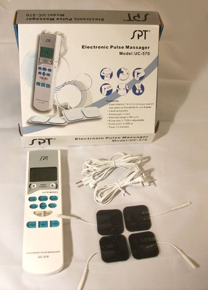 Model: UC-570  
Electronic Pulse Massager  
Model: UC-570  

Features:  
- Dual-channel for simultaneous use on two users or the ability to use 4 pads  
- 5 auto programs  
- 3 massage modes  
- Intensity range: 0-80 volts  
- Pulse rate: 0-120Hz adjustable  
- Pulse width: 0-200 us  
- Timer: 15 minutes  

SPT Electronic Pulse Massager  
Model: UC-570  

SPT  
POWER  
INTENSITY  
AUTO MODES  
ON/OFF  
AUTO  
MODE  
INTENSITY  
PULSE  
TIMER  
HEAD  
BACK  
LEG  
ELECTRONIC PULSE MASSAGER  
UC-570