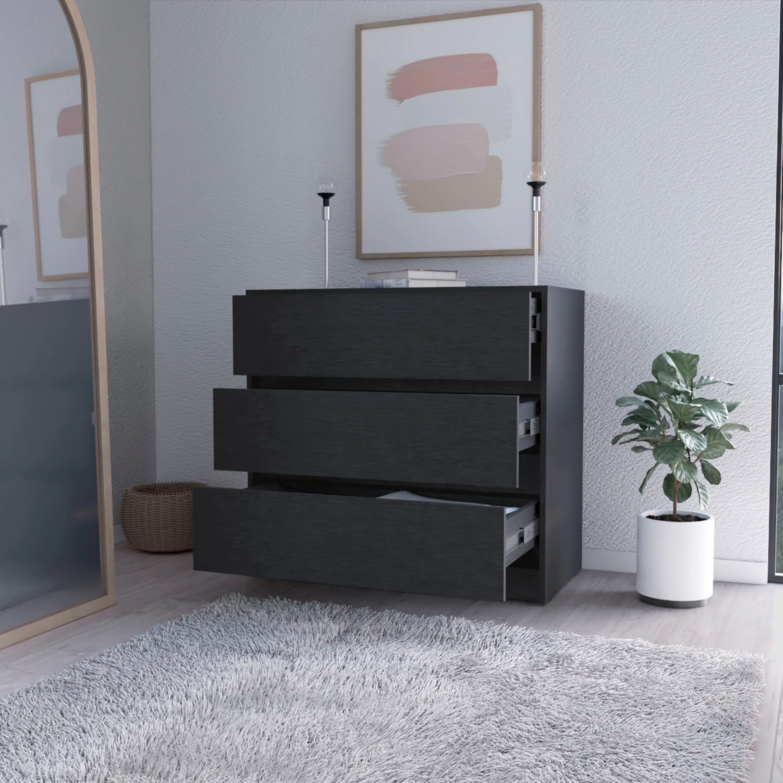 Back. TinyHomie - Avra 3 Drawer Dresser Manufactured Wood Top and Front Chest of Drawers - Black.