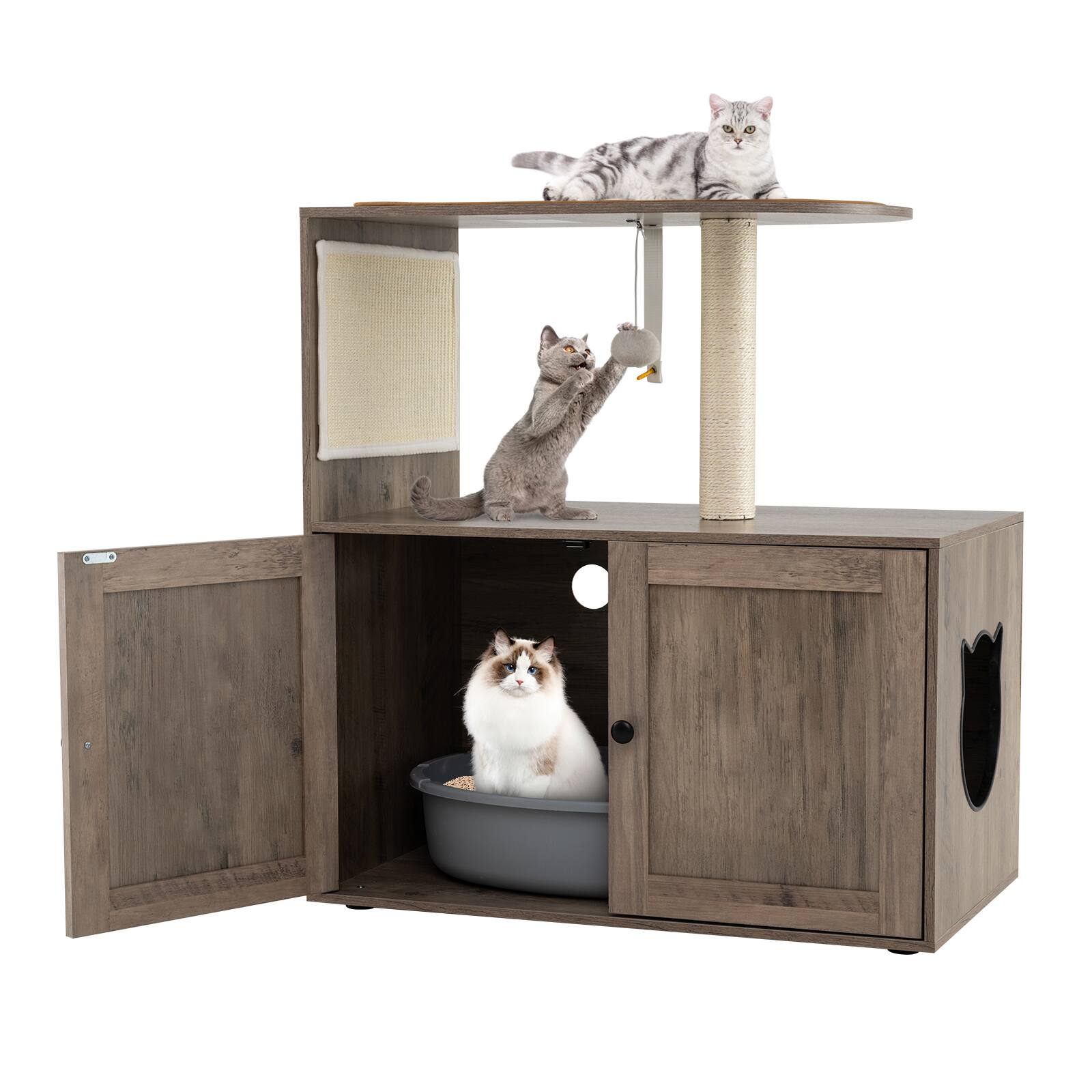 Front. Gymax - Gymax 34.5'' Tall Wooden Cat Tower w/ Sisal Scratching Post & Mat Litter Box Enclosure - GYM18076.