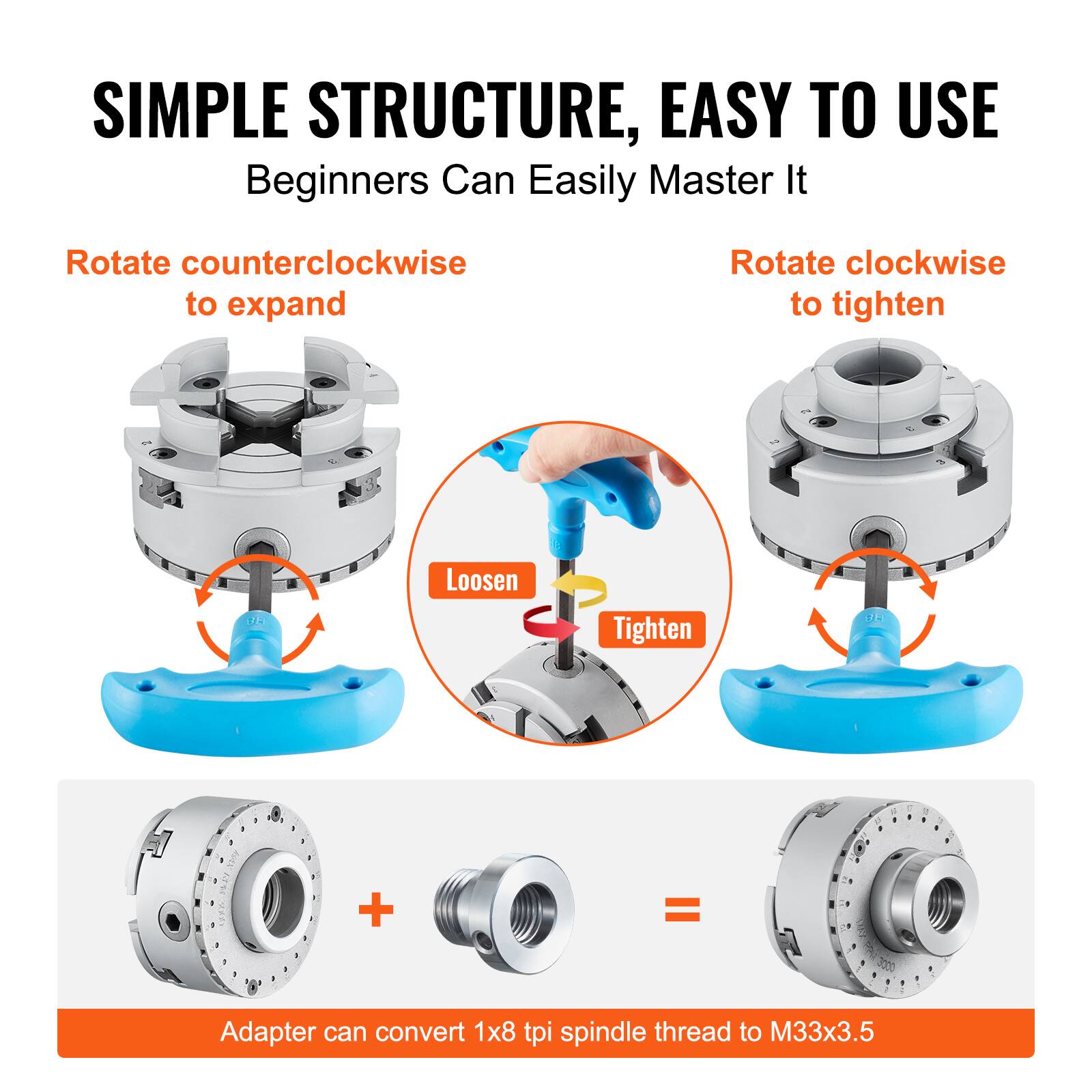 SIMPLE STRUCTURE, EASY TO USE  
Beginners Can Easily Master It  

Rotate counterclockwise to expand  
Rotate clockwise to tighten  

Loosen  
Tighten  

Adapter can convert 1x8 tpi spindle thread to M33x3.5