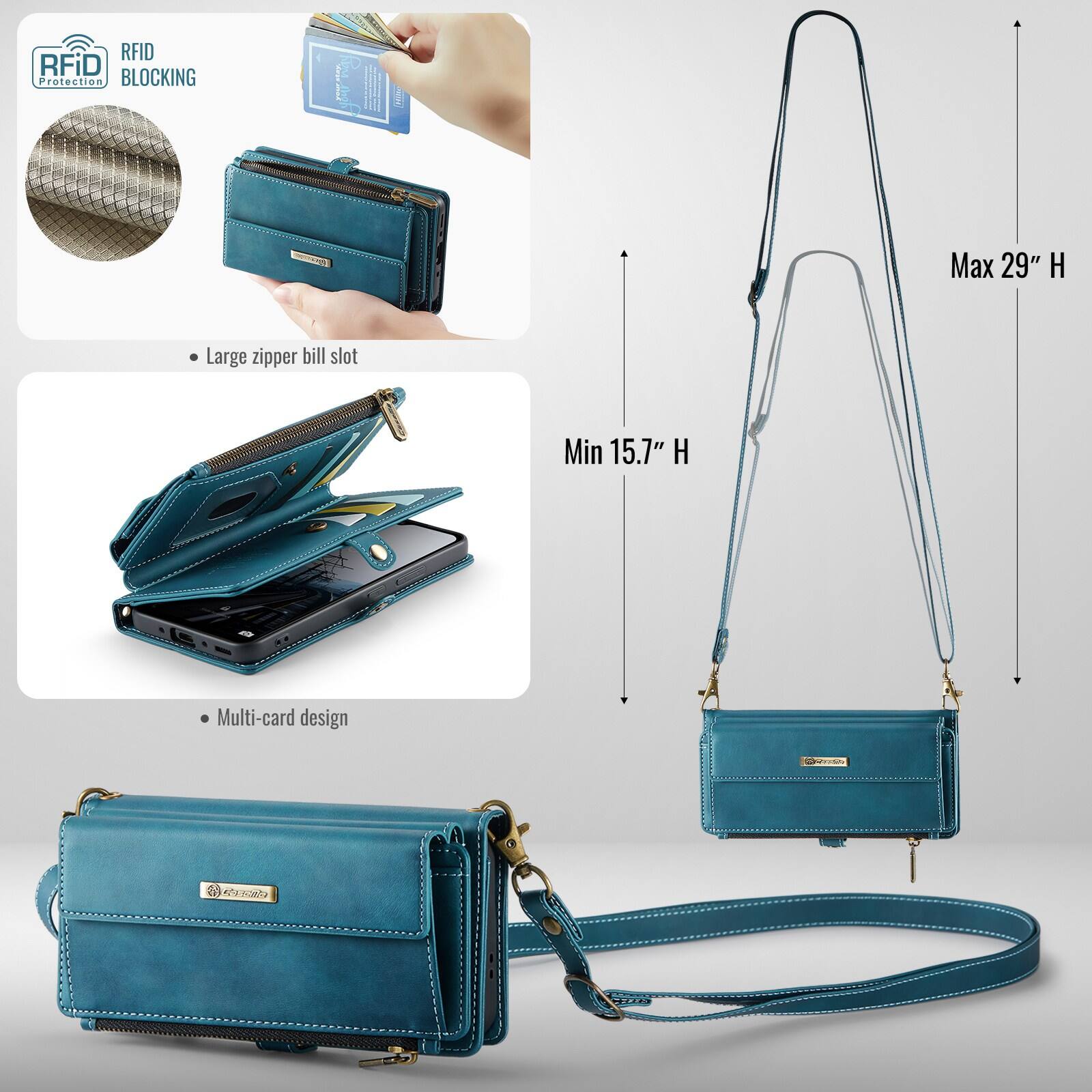RFID Protection  
RFID BLOCKING  

- Large zipper bill slot  
- Multi-card design  

Max 29" H  
Min 15.1" H