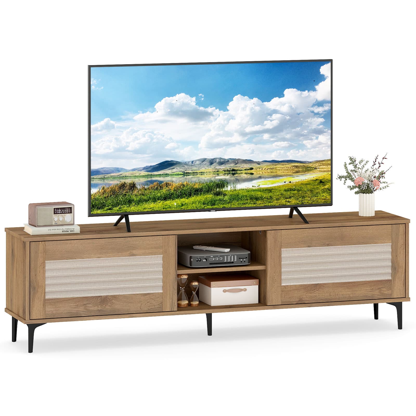 Gymax - TV Stand w/2 Storage Cabinets & Open Shelves Cable Hole for TVs up to 70'' - Brown