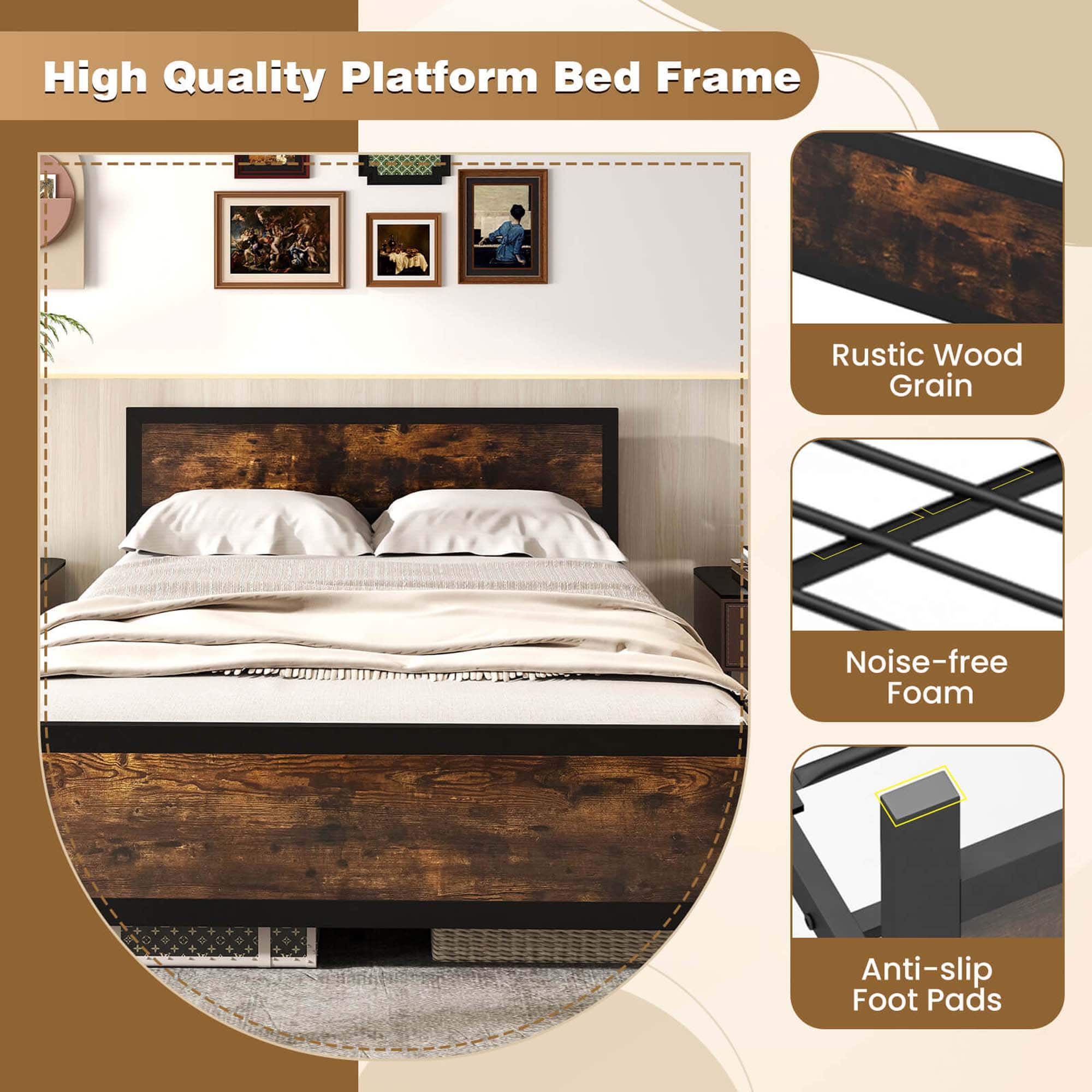 High Quality Platform Bed Frame Rustic Wood Grain Noise-free Foam Anti-slip Foot Pads