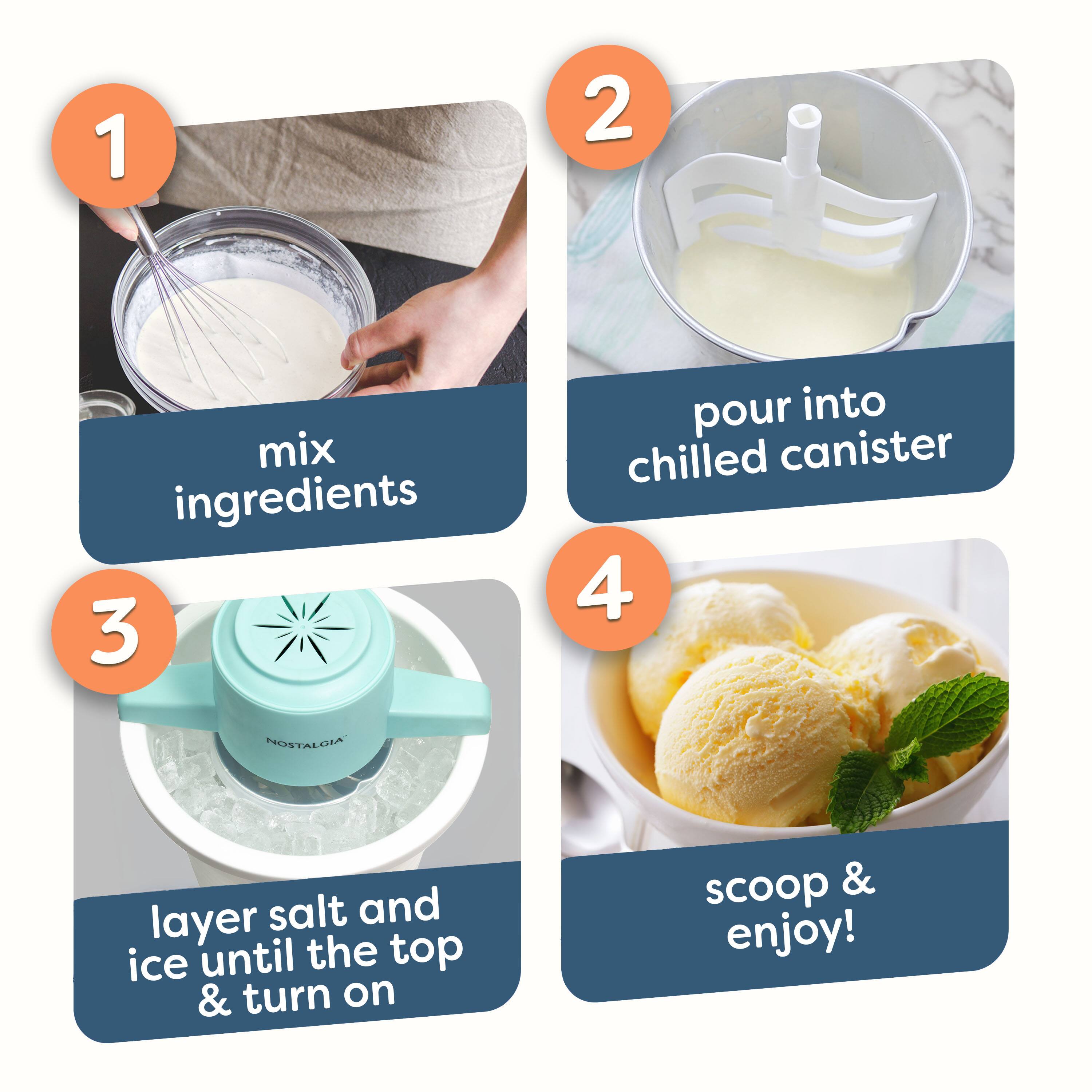 1. Mix ingredients
2. Pour into chilled canister
3. Layer salt and ice until the top & turn on
4. Scoop & enjoy!
