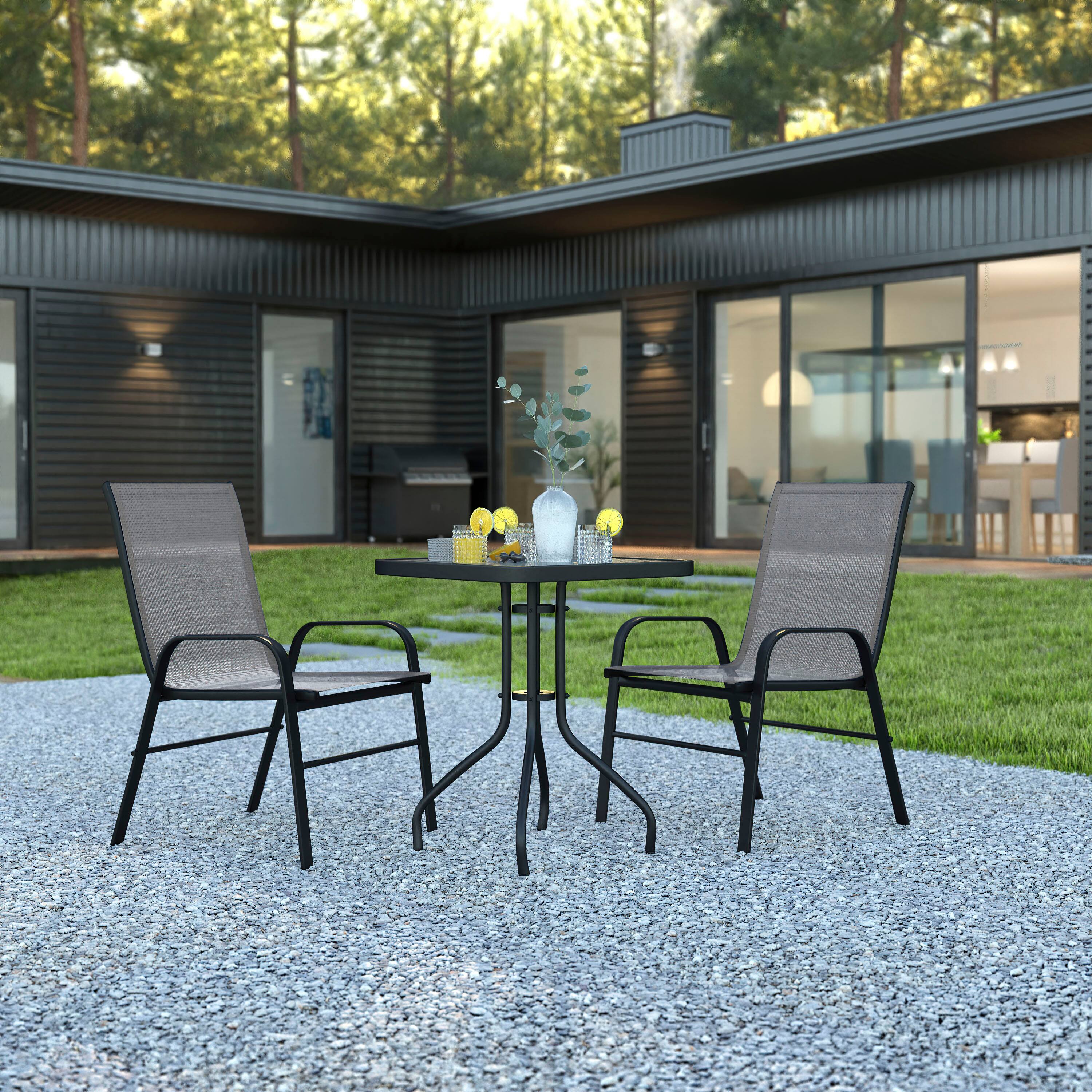 Alt View 1. Emma + Oliver - Three Piece Patio Table Set with Square Metal Frame Table with Tempered Glass Top and Two Flex Comfort Stacking Chairs - Gray.