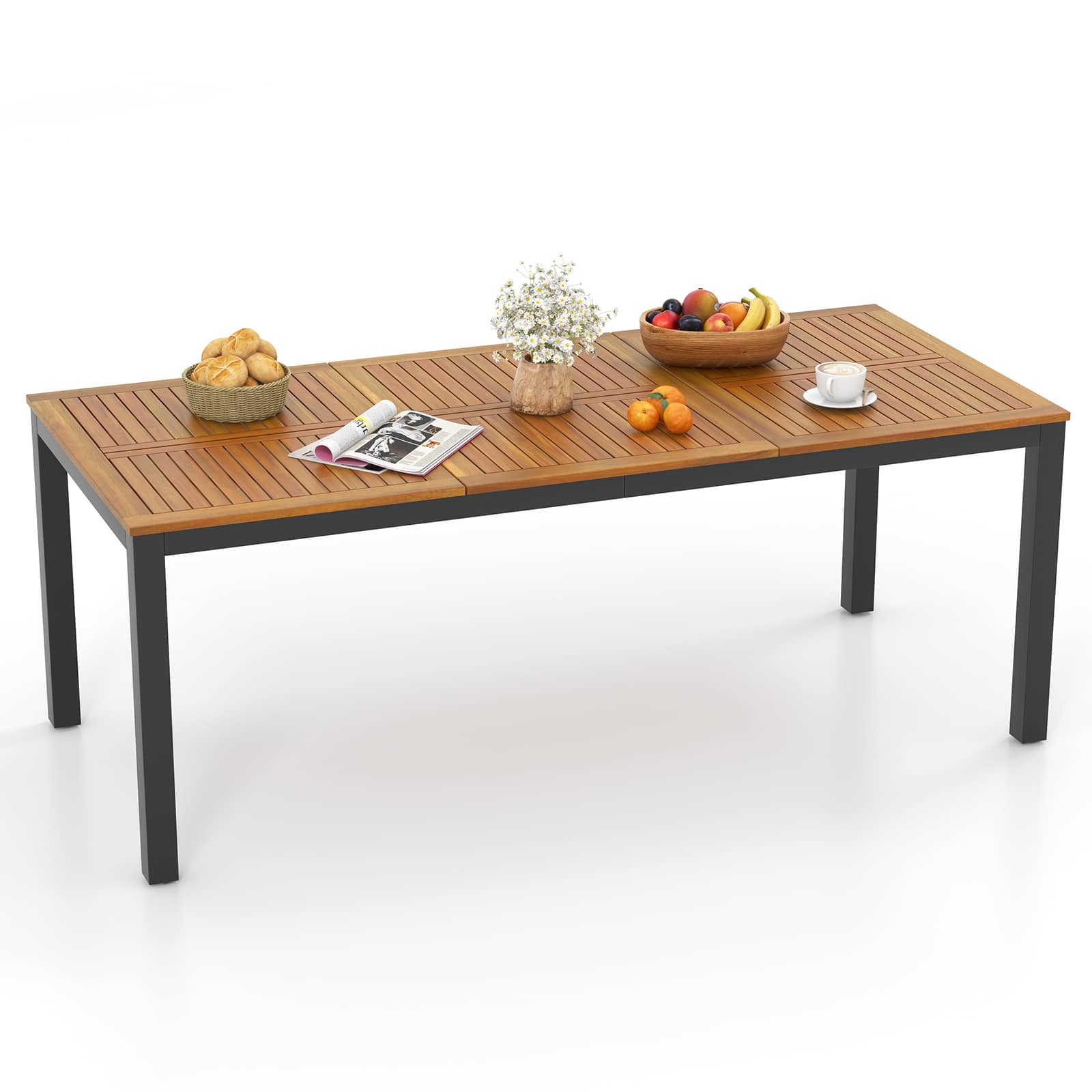 Costway - 79" Acacia Wood Patio Table 8-Person Outdoor Dining Table with Umbrella Hole - Natural,Black