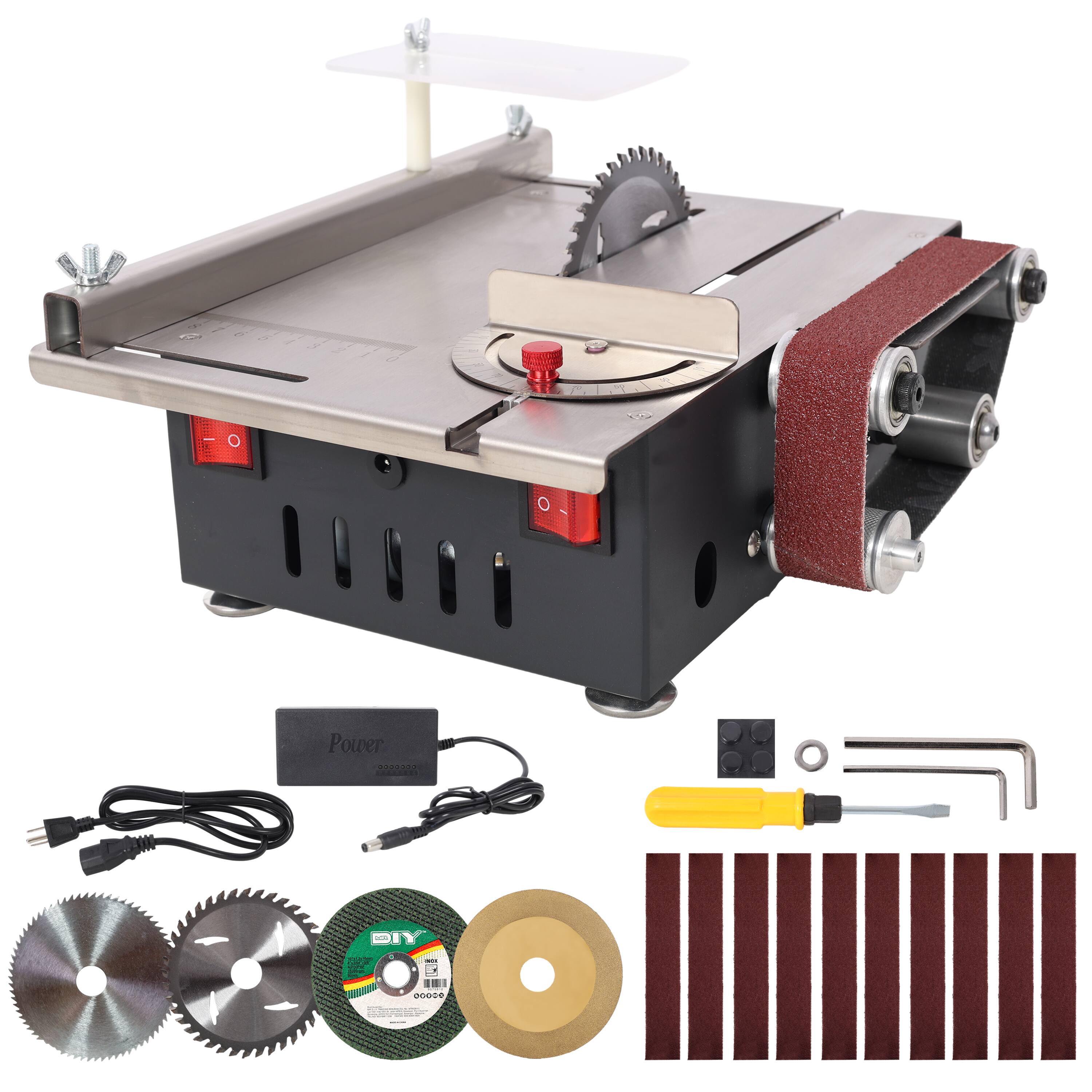 ELEMENT ACE - Compact Multi-Purpose Mini Table Saw and Belt Sander Combo Tool with Adjustable Speed and Angle for DIY Projects - Silver