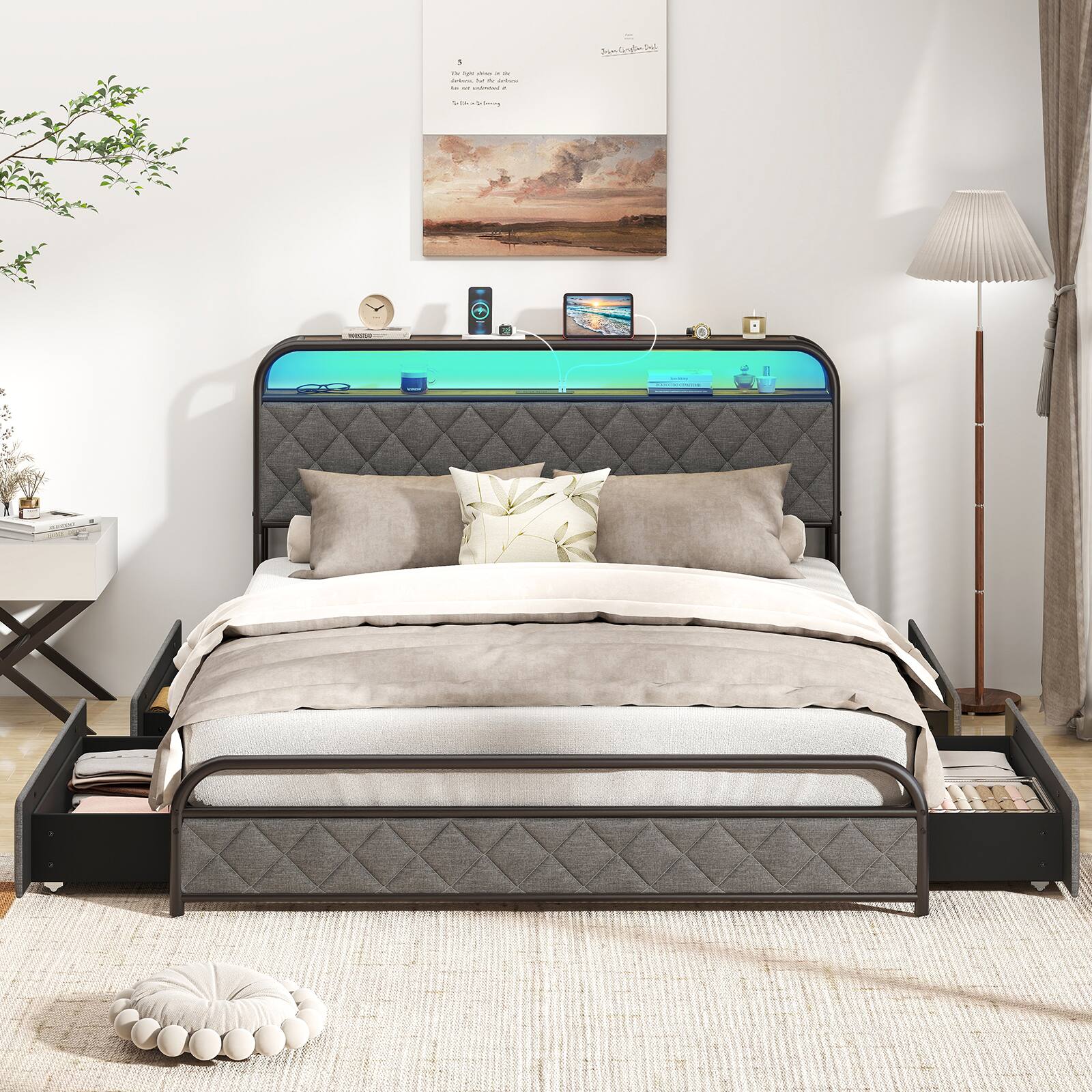 Alt View 6. LUCKY ONE - Queen Assembled Platform Bed Frame with LED Lights Charging Station Storage Headboard - Black-Queen.