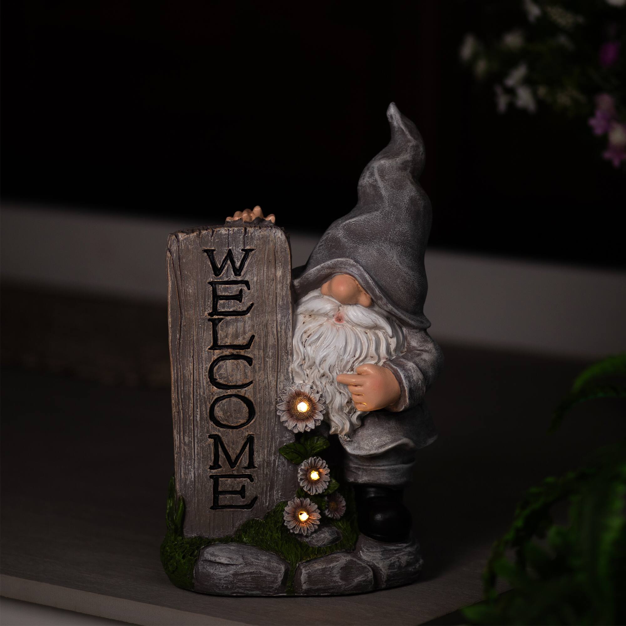 Alt View 2. Northlight - LED Solar Lighted Gnome Welcome Outdoor Garden Statue - 15.5" - Gray.