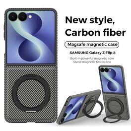 Dteck - Magnetic Carbon Fiber Pattern Case for Samsung Galaxy Z Flip8 with Stand, Shockproof Rigid Plastic Faux Leather Cover - Gray