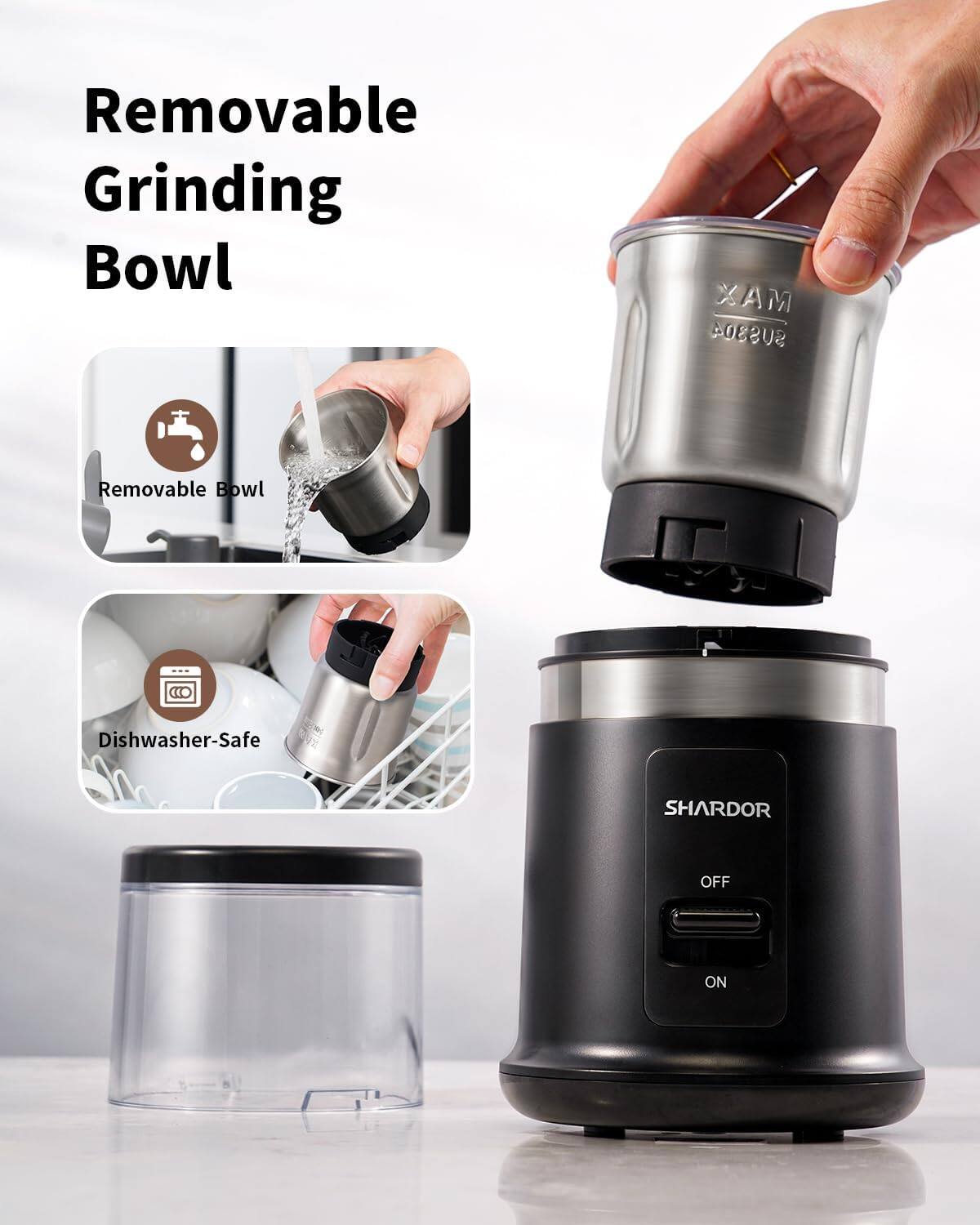 Removable Grinding Bowl  
MAX SUS304  
Removable Bowl  
Dishwasher-Safe  
SHARDOR  
OFF  
ON
