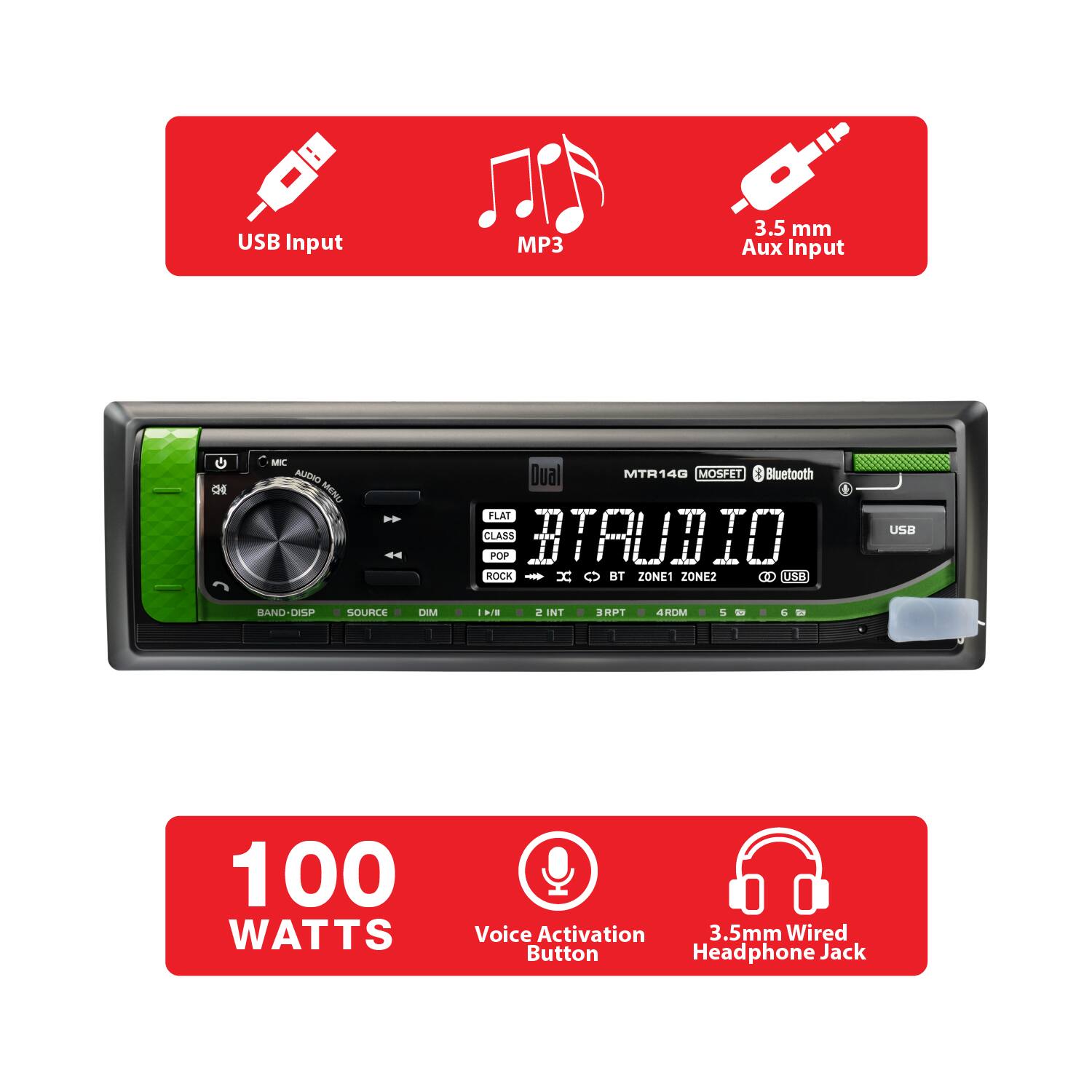 USB Input  
MP3  
3.5 mm Aux Input  
MIC AUDIO MENU  
Dual MTR14G MOSFET Bluetooth FLAT CLASS STAUDIO POP ROCK x BT ZONE1 ZONE2 USB  
USB  
BANDDISP  
SOURCE  
DIM  
| DI  
2 INT  
3RPT  
4RDM  
5  

100 WATTS  
Voice Activation 3.5mm Wired Button Headphone Jack