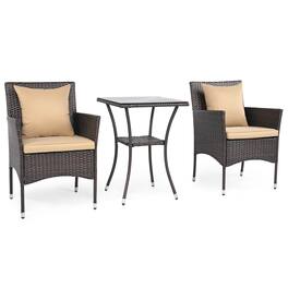 Gymax - Set of 3 Patio Wicker Bistro Set 2 Rattan Chairs w/Double-Tier Tempered Glass Table Beige - Brown