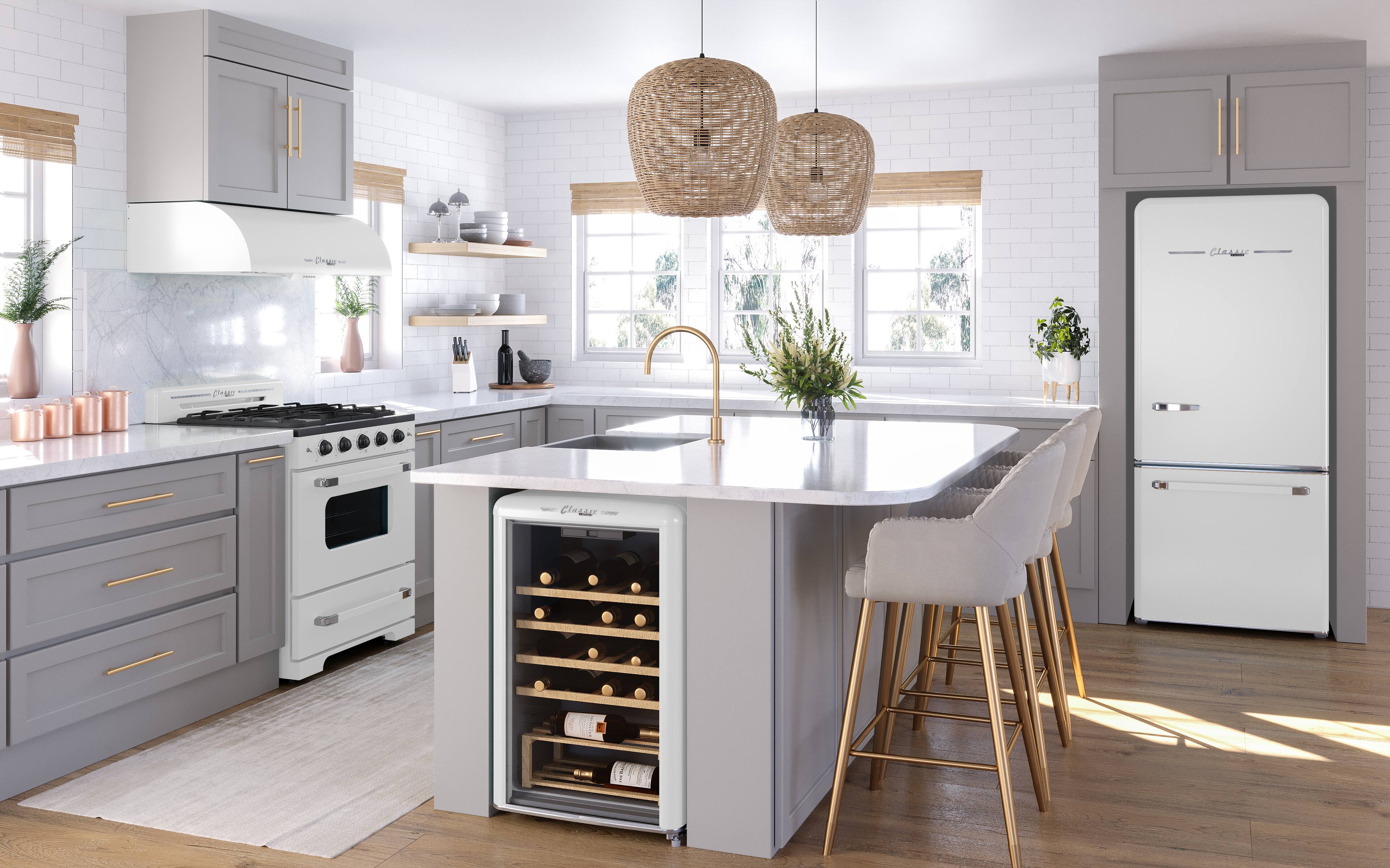 "Clean and organized kitchen with a center island, stove, oven, refrigerator, and a wine rack. The kitchen is equipped with a sink, and there are several bottles and potted plants throughout the space. The island is surrounded by chairs, and the kitchen is well-lit with natural light coming through the windows. The overall atmosphere is clean, organized, and inviting."