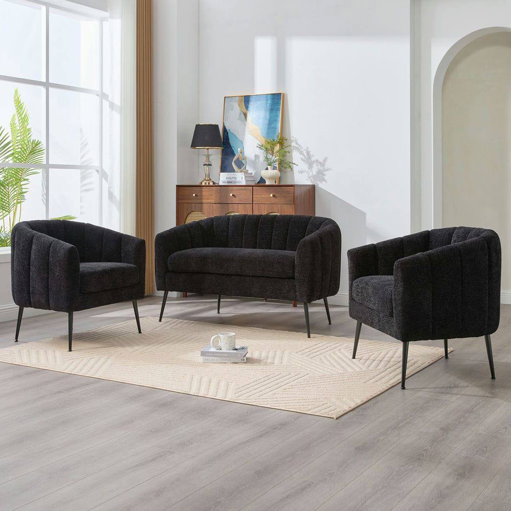 Left. Kadyn - 3-Piece Small Living Room Furniture Set with Metal Legs, Sofa Set for Living Room, Bedroom, Reception, Apartment, Black - Black.