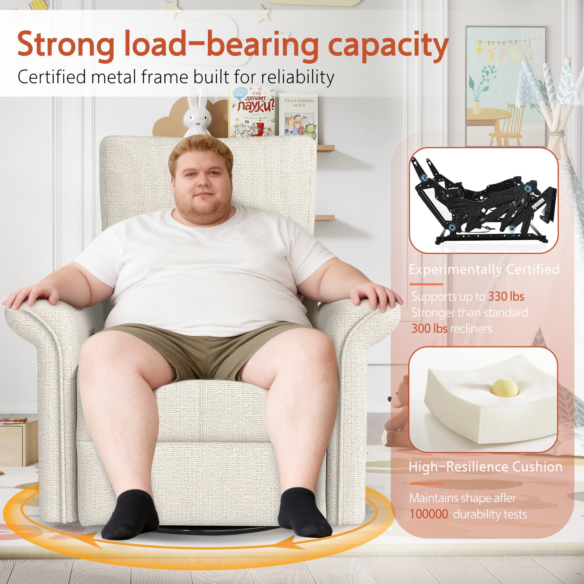 Strong load-bearing capacity  
Certified metal frame built for reliability  

Experimentally Certified  
Supports up to 330 lbs  
Stronger than standard 300 lbs recliners  

High-Resilience Cushion  
Maintains shape after 100000 durability tests