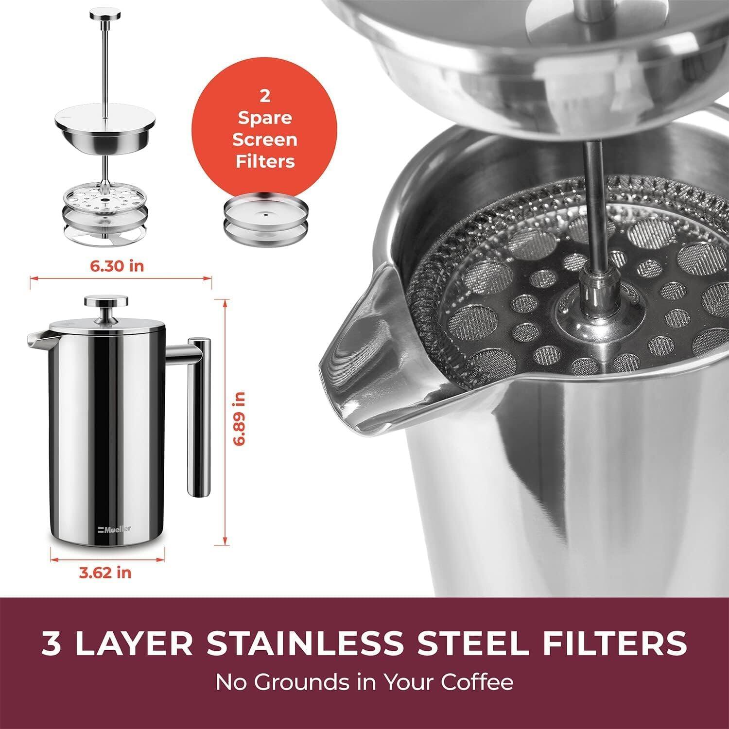 2 Spare Screen Filters, 3 LAYER STAINLESS STEEL FILTERS, No Grounds in Your Coffee