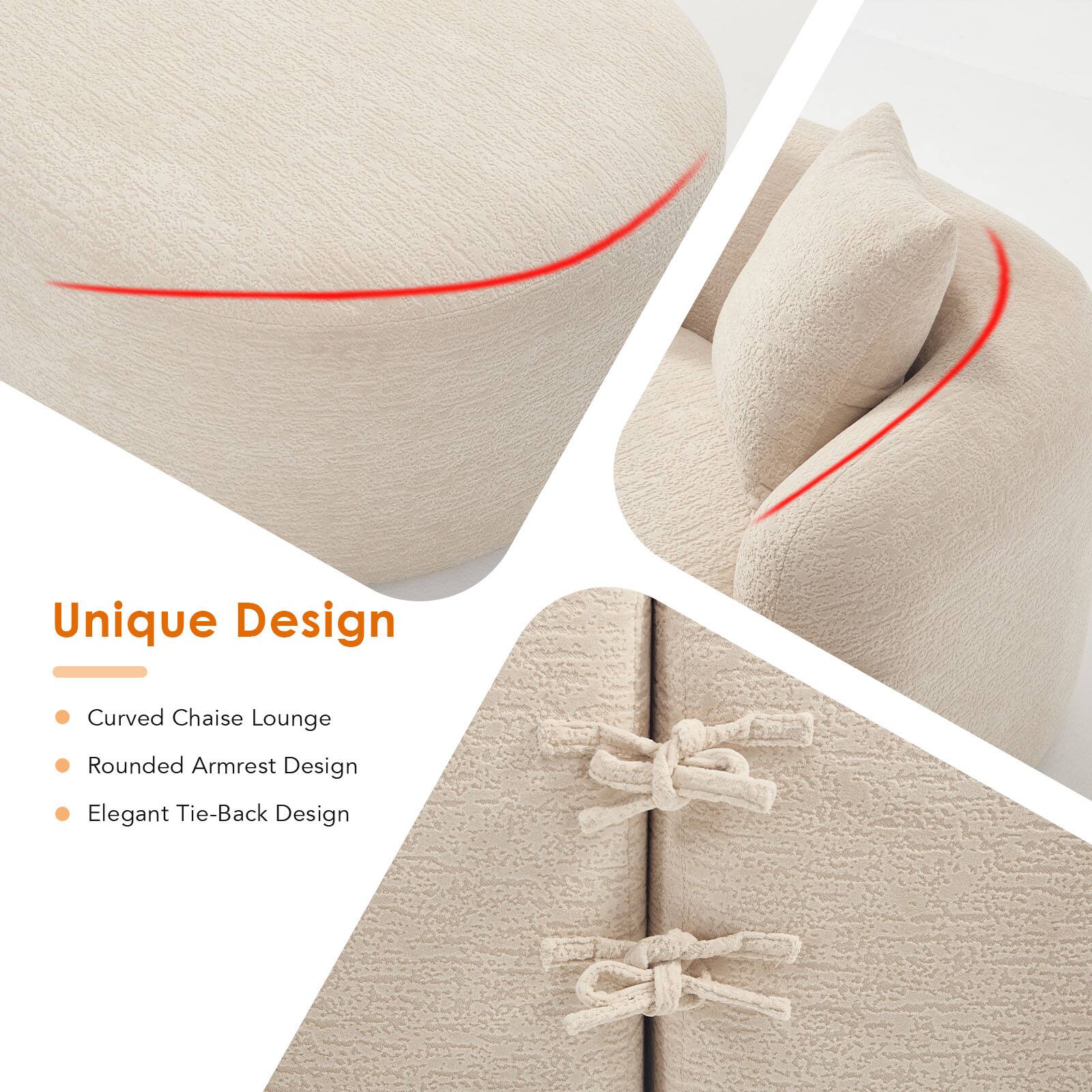 Unique Design  
- Curved Chaise Lounge  
- Rounded Armrest Design  
- Elegant Tie-Back Design