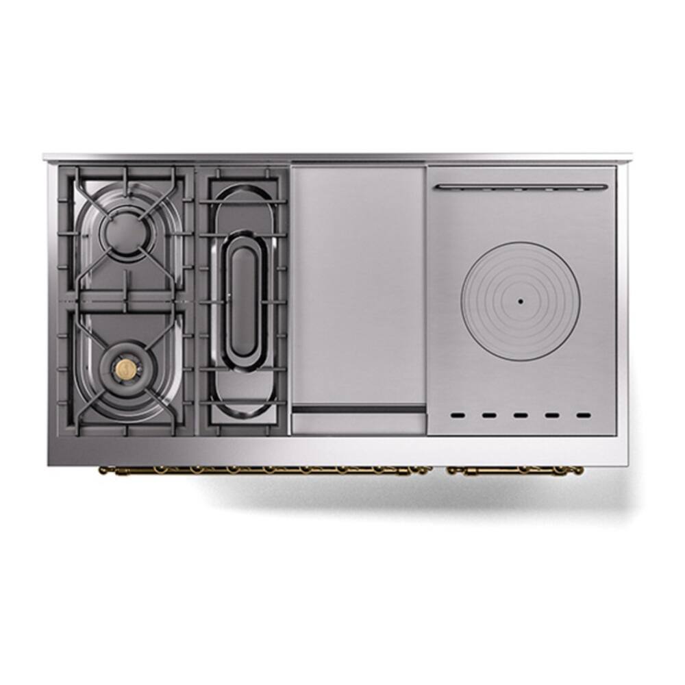 Alt View 5. ILVE - ILVE Nostalgie II 48 inch Dual Fuel Range with 5 Burners + Griddle (Liquid Propane, Stainless Steel, Brass Trim) - Stainless Steel.