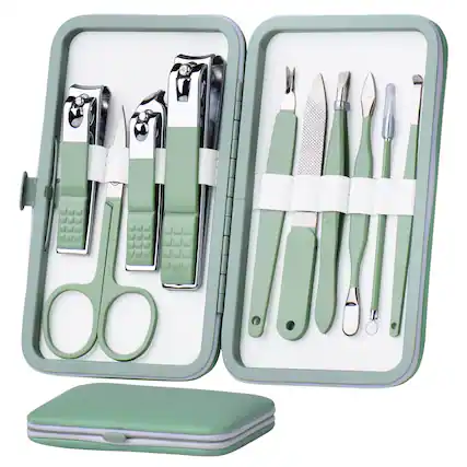 Front. Beauty Hub Ecommerce - 10-Piece Stainless Steel Manicure Set - Jade green.