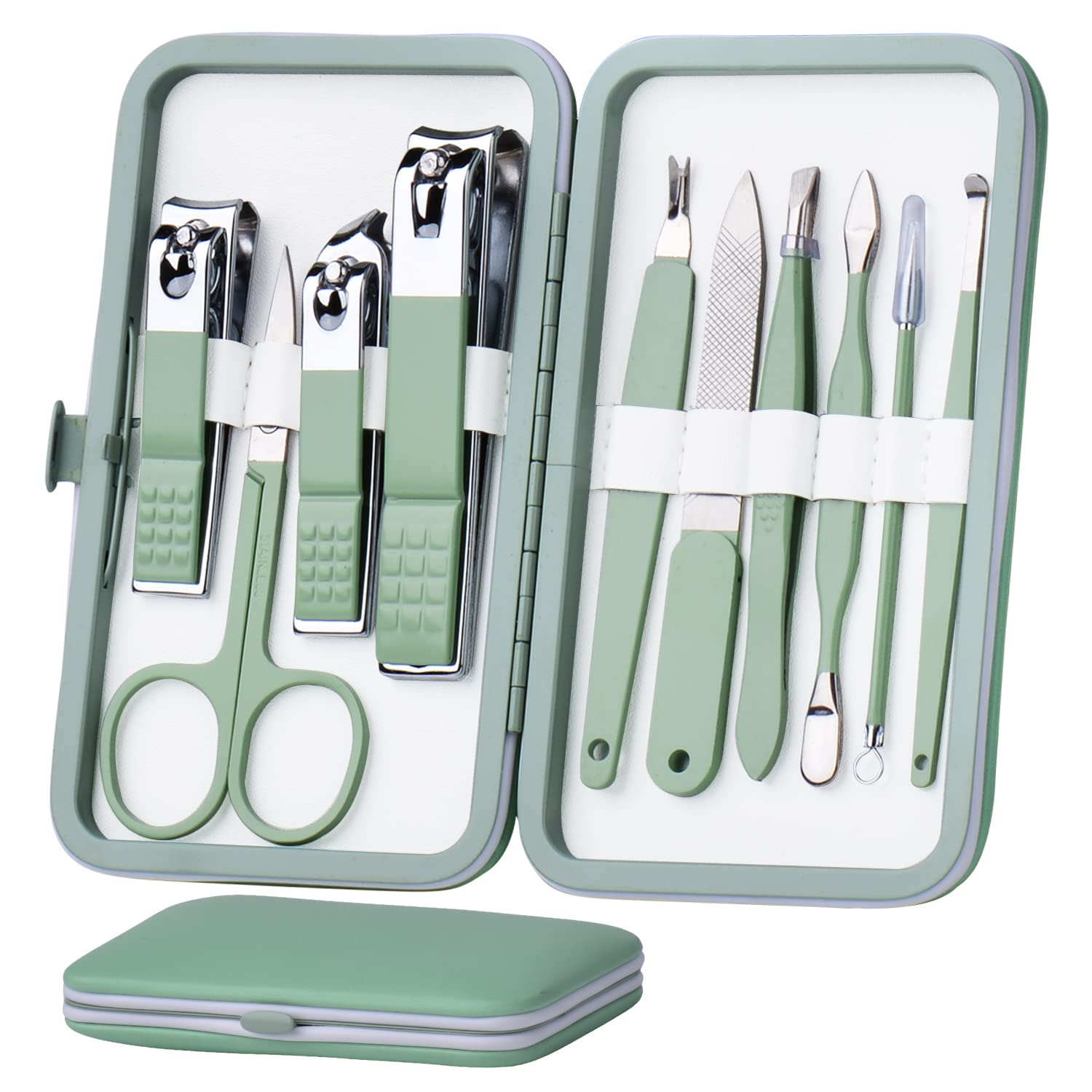 Front. Beauty Hub Ecommerce - 10-Piece Stainless Steel Manicure Set - Jade green.