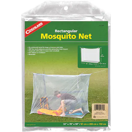 COGHLANS Rectangular Mosquito Net No. THHBO
- Six reinforced metal tie loops at corners and sides
- 180 fine mesh polyester provides protection from insects
- Suspends with poles or ropes (not included)
- Use indoors or outdoors
- Washable
Dimensions: 32" x 78" x 59" / 81 cm x 200 cm x 150 cm
www.coghians.com