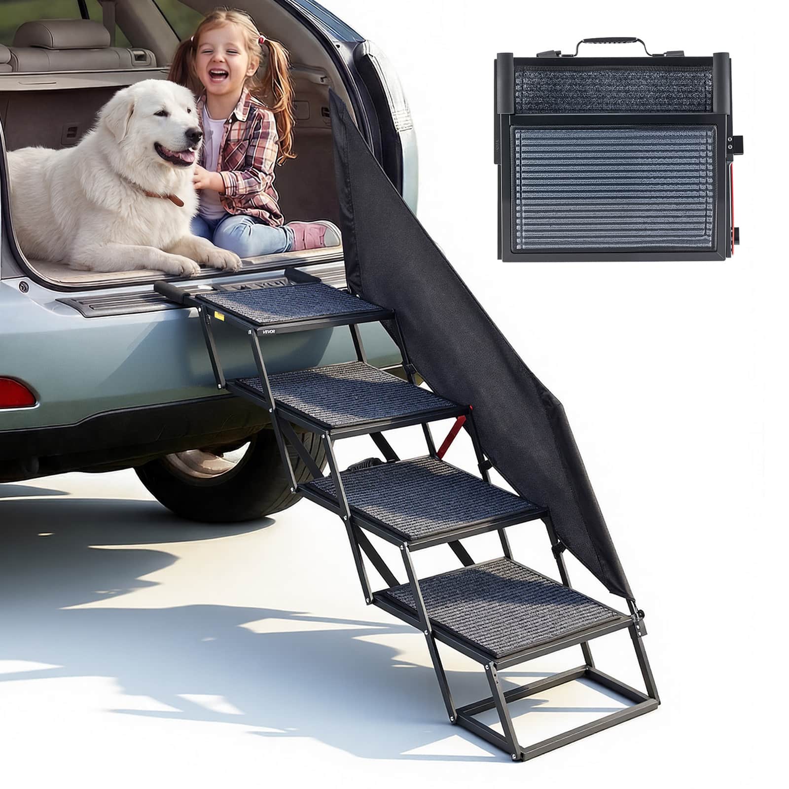VEVOR - Dog Stairs for Car, 4 Steps Extra Wide Foldable Dog Ramp for Large Dogs with Non-Slip Rug Surface, Portable Lightweight - Black price history on PriceWatchPro