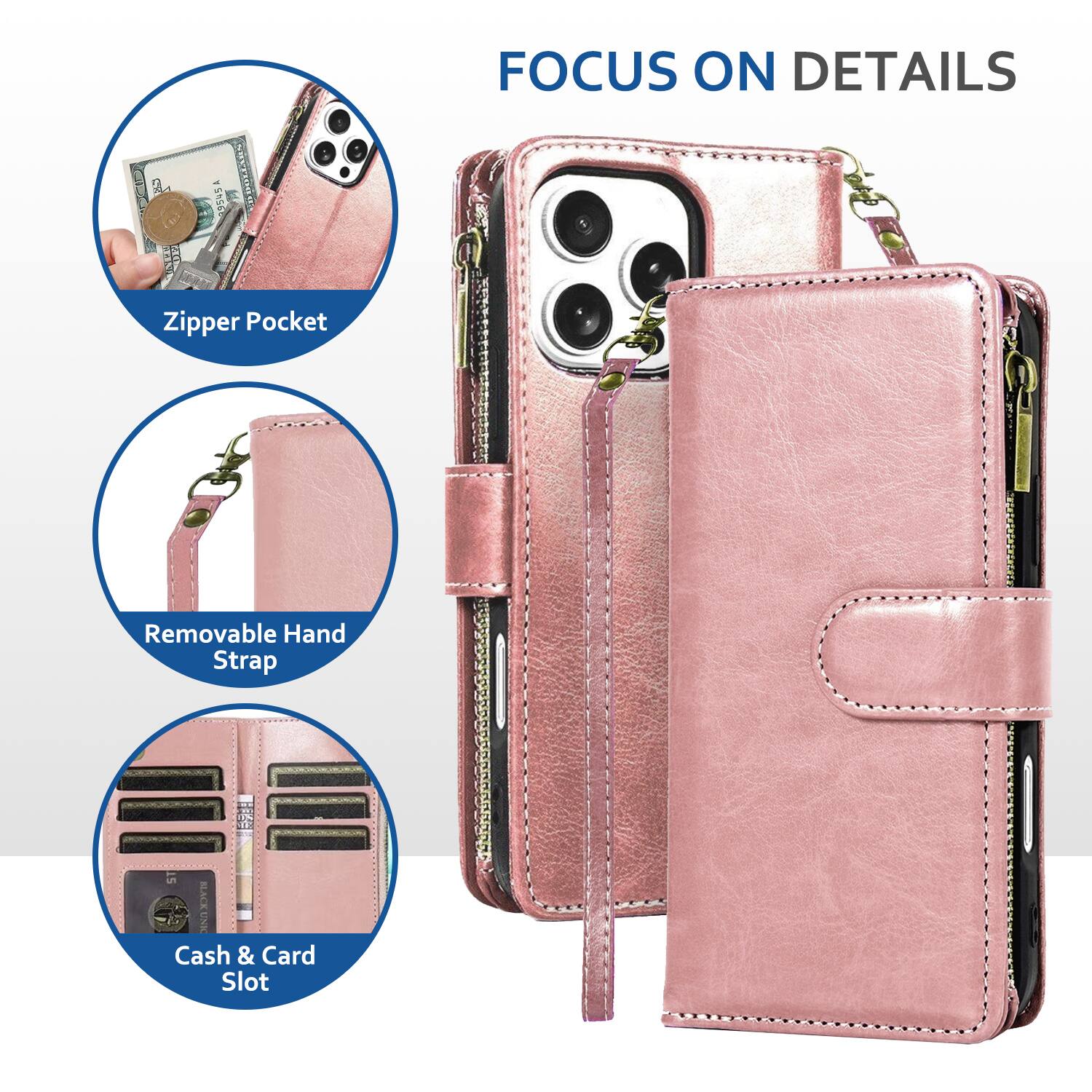 a SHS - u 1 FOCUS ON DETAILS  
Zipper Pocket  
Removable Hand Strap  
Cash & Card Slot