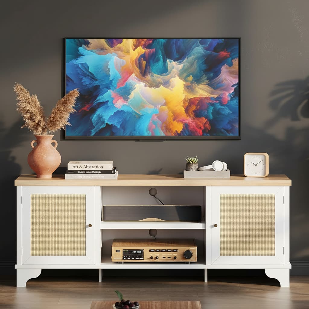 GARVEE - Boho TV Stand, with 2 Cabinets & Open Shelf - White