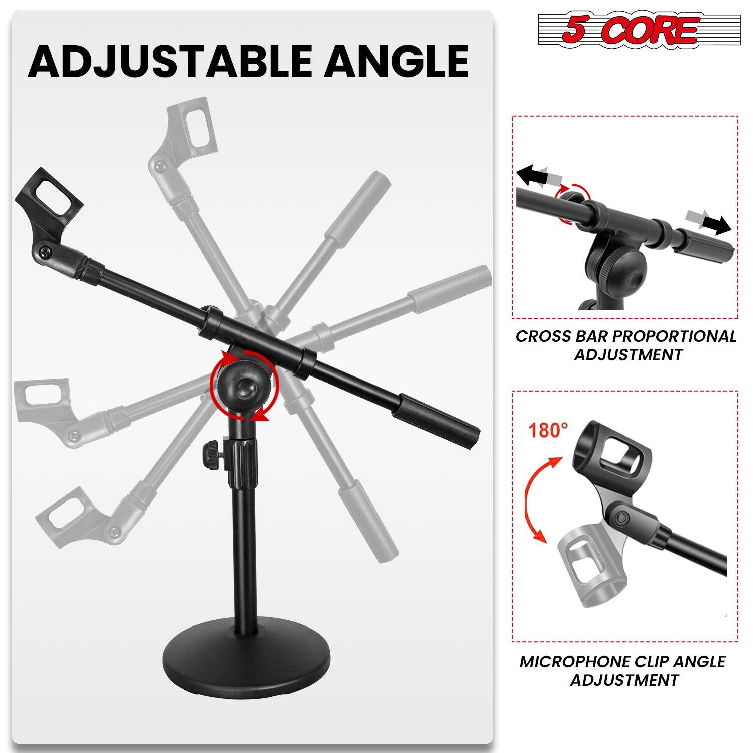 The text in the image can be grouped and corrected as follows:

- **Adjustable Angle**
- **5 Core Cross Bar Proportional Adjustment**
- **180° Microphone Clip Angle Adjustment**