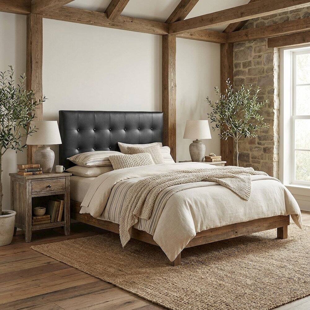 Angle. FurniFact - Upholstered Vinyl King Headboard with Durable Frame and Elegant Design - Black.